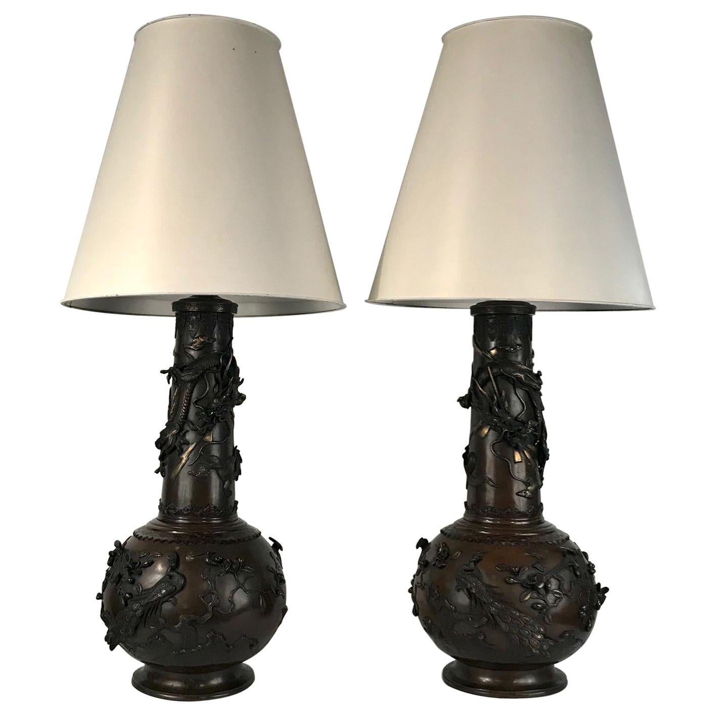 Pair of Antique Japanese Bronze Urns, Now Mounted as Lamps For Sale