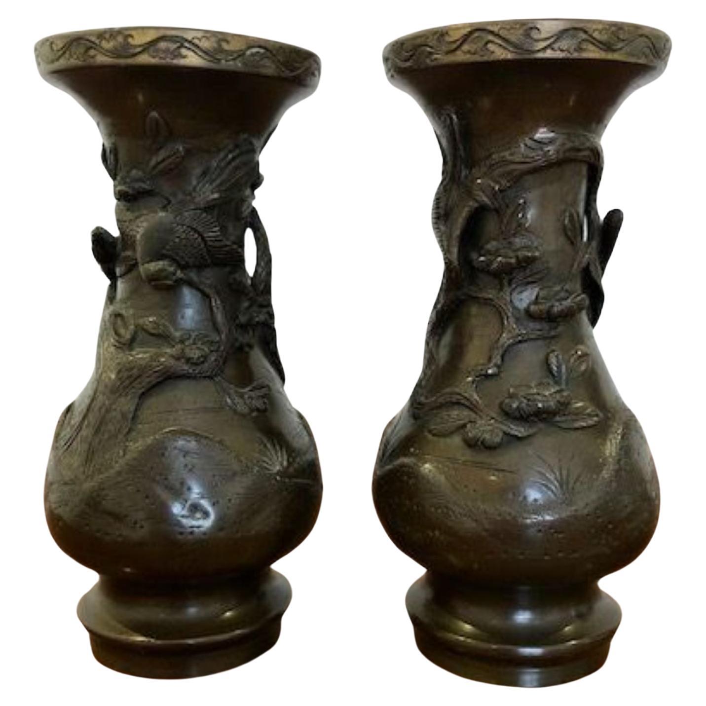 Pair Of Antique Japanese Bronze Vases Meiji Period For Sale