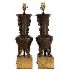Pair of Antique Japanese Bronze Vasiform Table Lamps