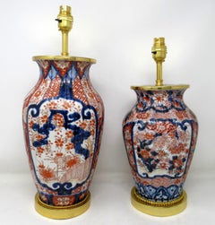 Pair of Antique Japanese Chinese Imari Porcelain Ormolu Table Lamp Blue Red Gilt