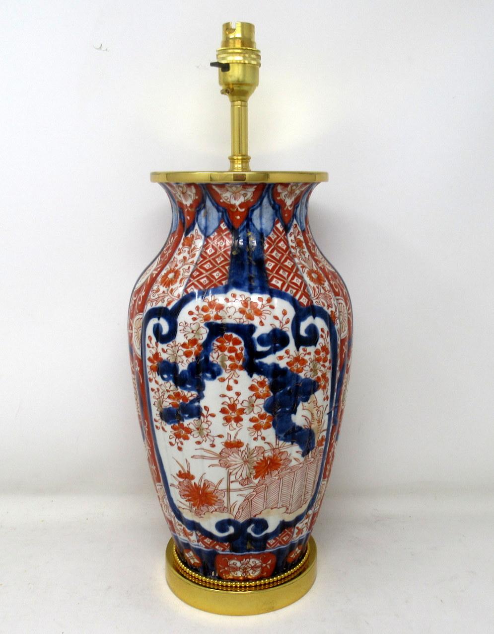 19th Century Pair of Antique Japanese Chinese Imari Porcelain Ormolu Table Lamp Blue Red Gilt