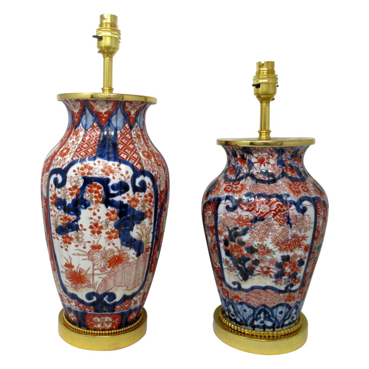 Pair of Antique Japanese Chinese Imari Porcelain Ormolu Table Lamp Blue Red Gilt
