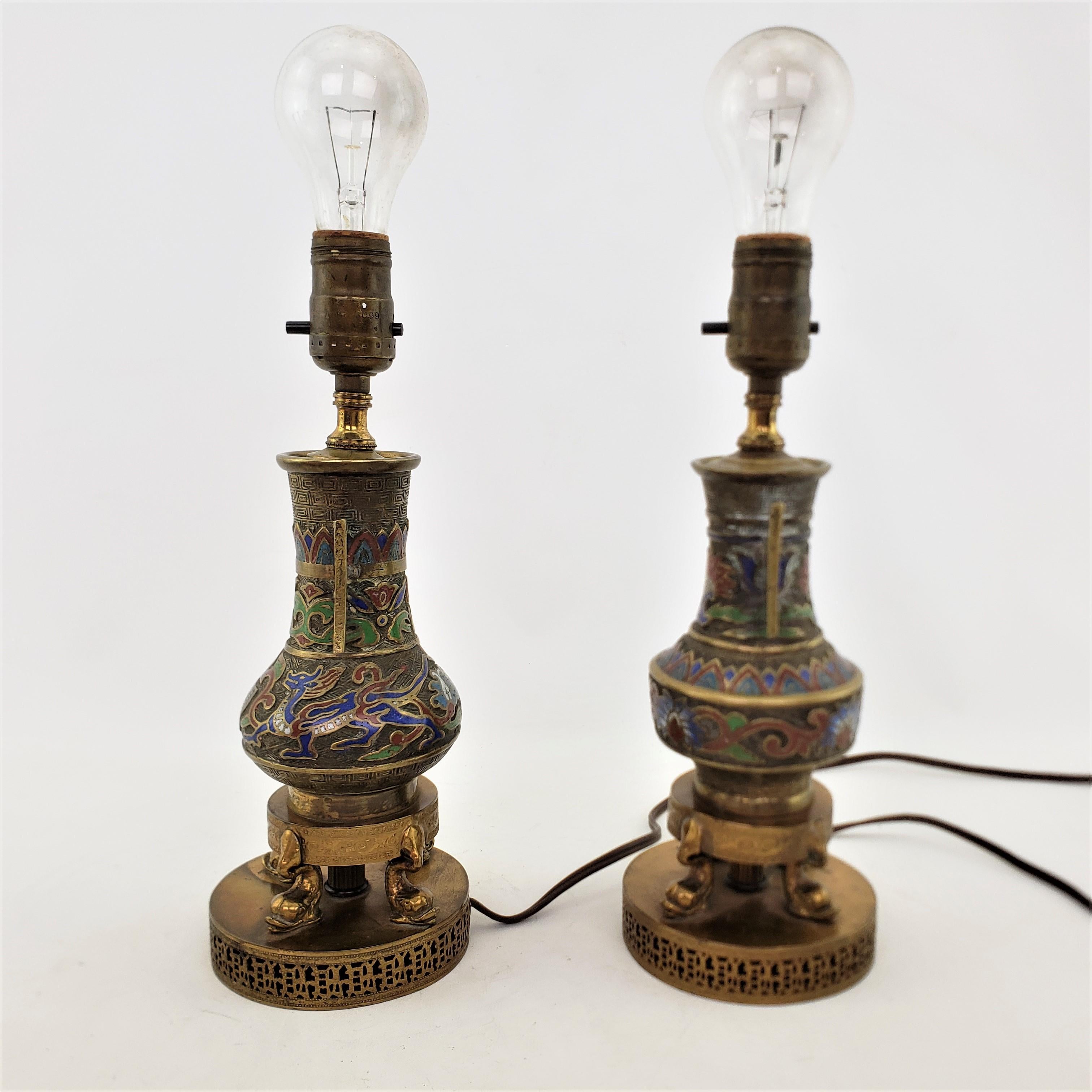 Pair of Antique Japanese Cloisonne Accent or Boudoir Table Lamps In Good Condition For Sale In Hamilton, Ontario