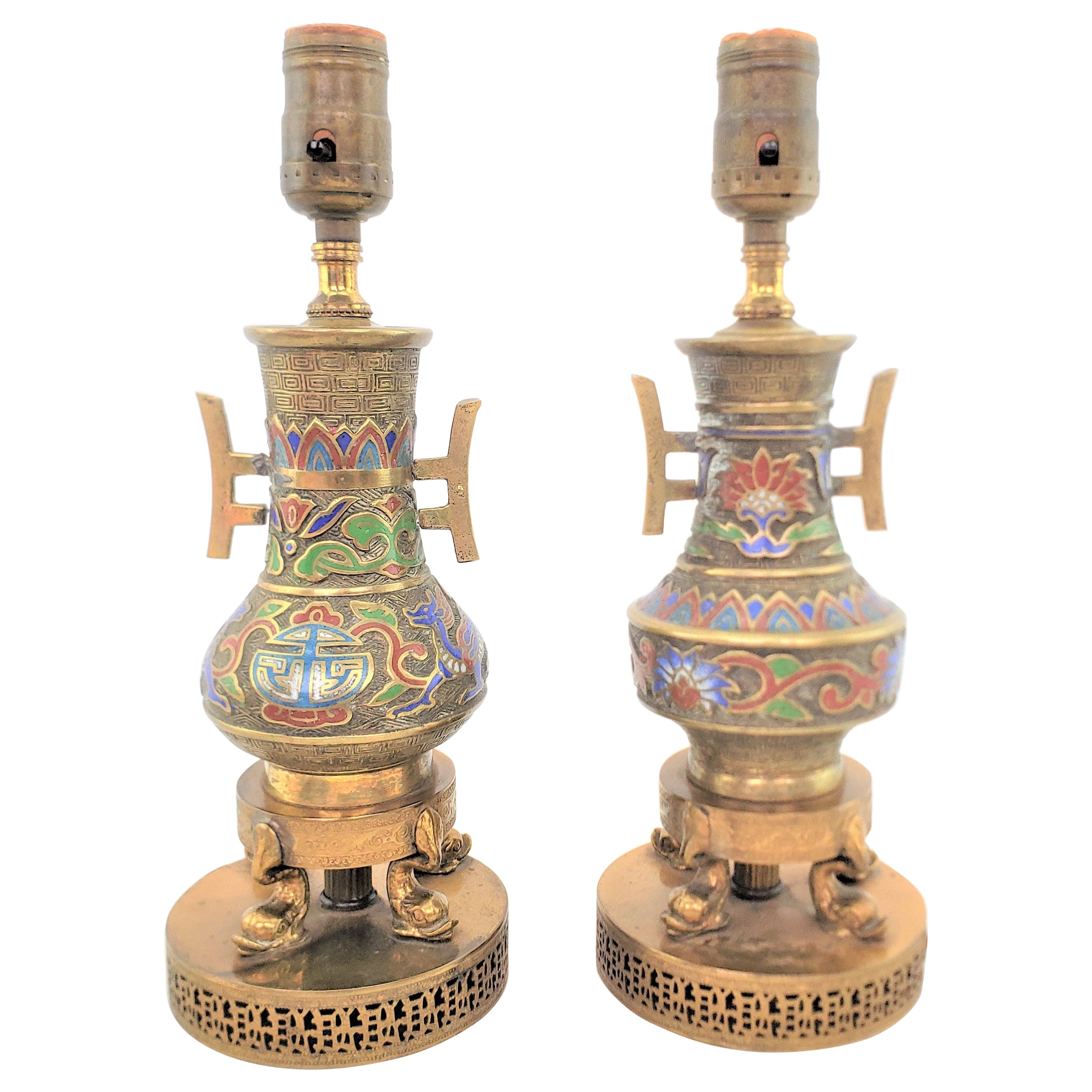 Pair of Antique Japanese Cloisonne Accent or Boudoir Table Lamps