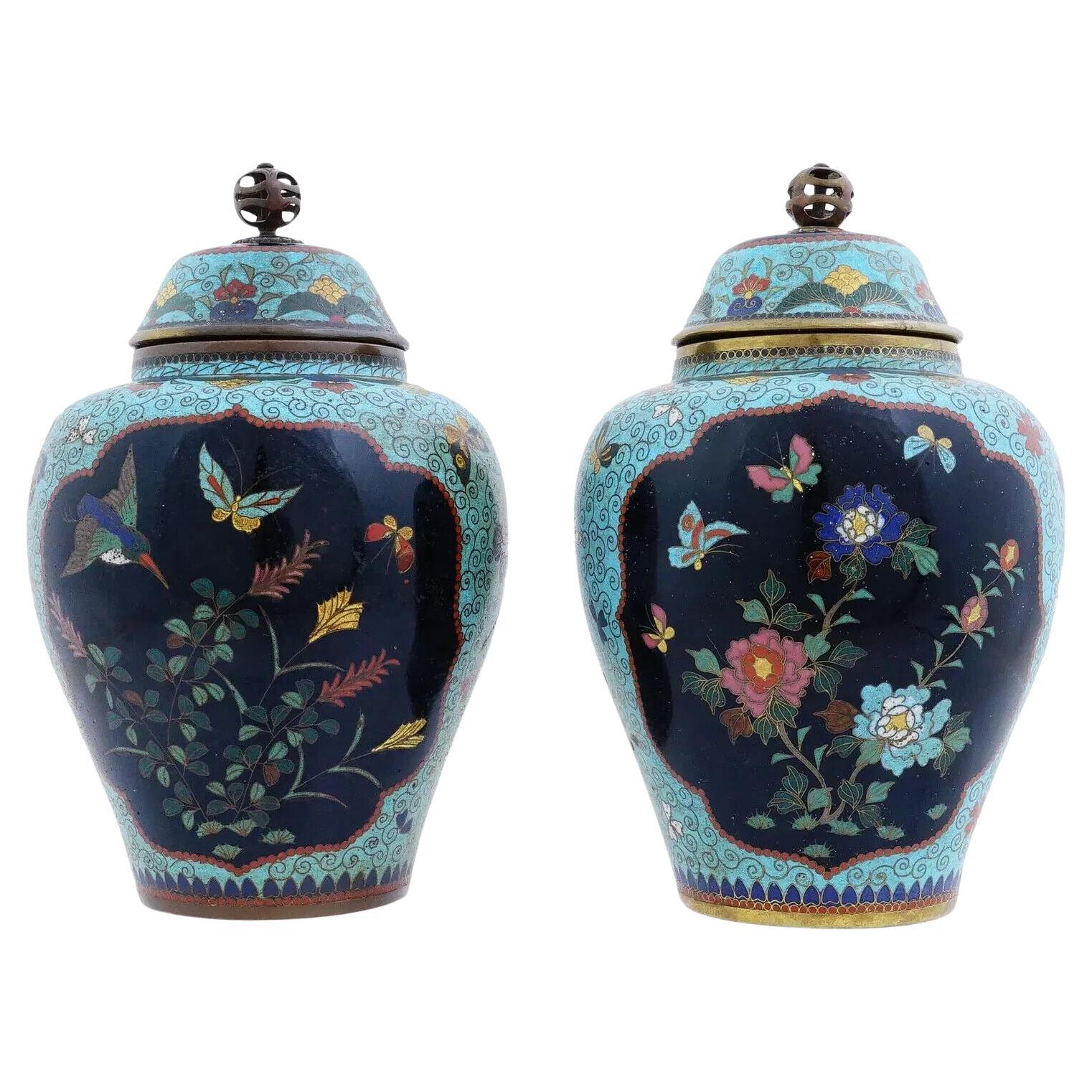 Pair Of Antique Japanese Cloisonne Enamel Lidded Vases