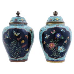 Pair Of Antique Japanese Cloisonne Enamel Lidded Vases