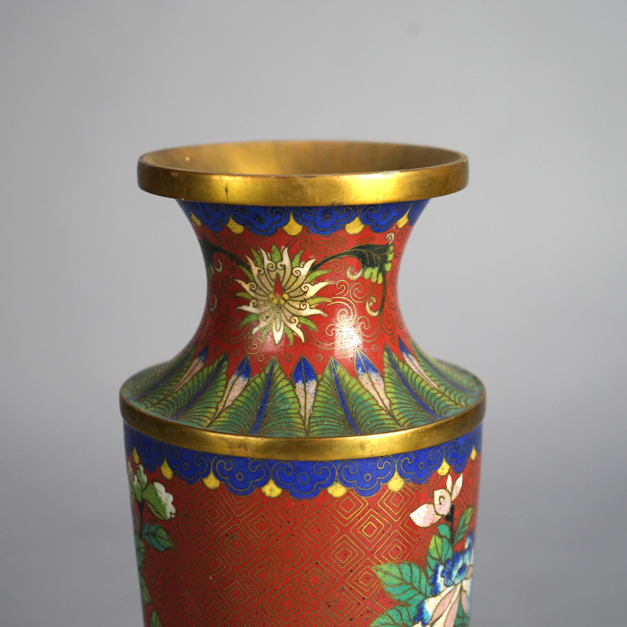 Pair of Antique Japanese Cloisonne Floral Garde Enameled & Footed Vases C1920

Measures- 10.75''H x 4''W x 4''D