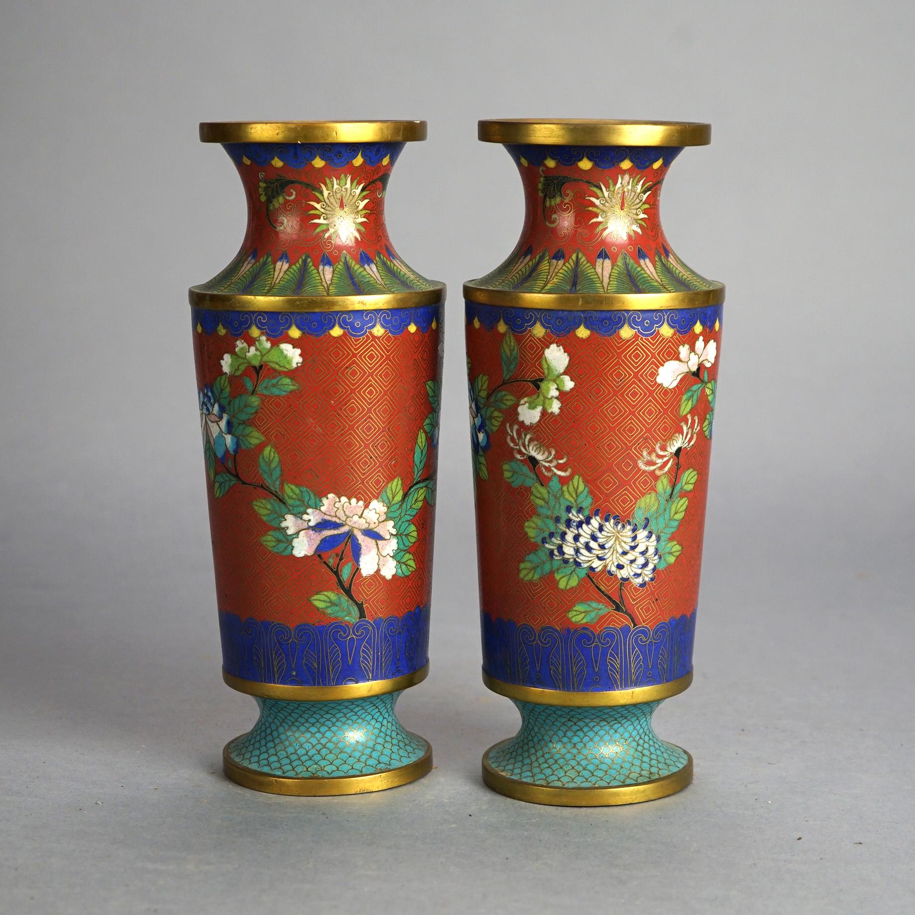 Cloissoné Pair of Antique Japanese Cloisonne Floral Garde Enameled & Footed Vases C1920