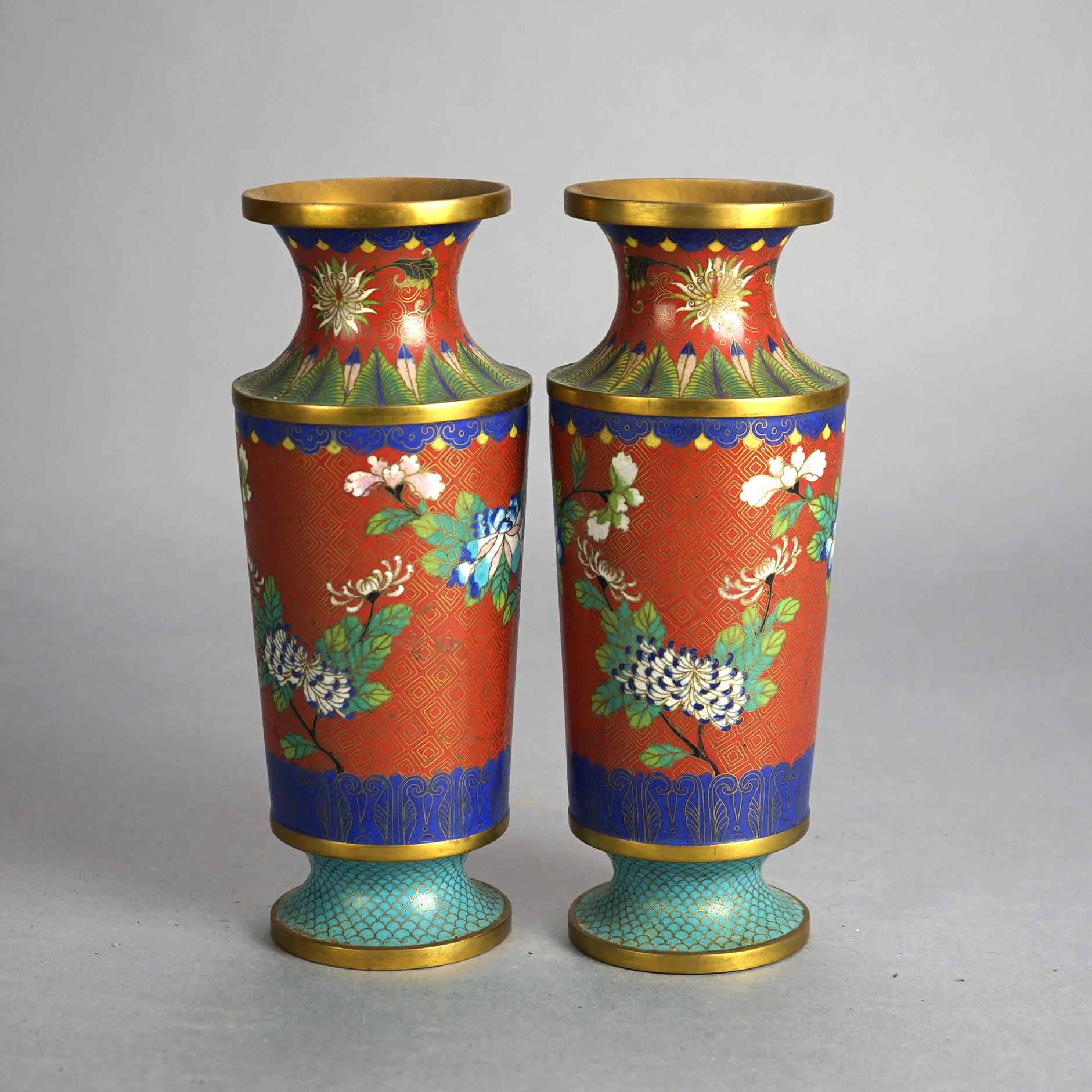 Pair of Antique Japanese Cloisonne Floral Garde Enameled & Footed Vases C1920 In Good Condition In Big Flats, NY