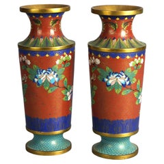 Pair of Antique Japanese Cloisonne Floral Garde Enameled & Footed Vases C1920
