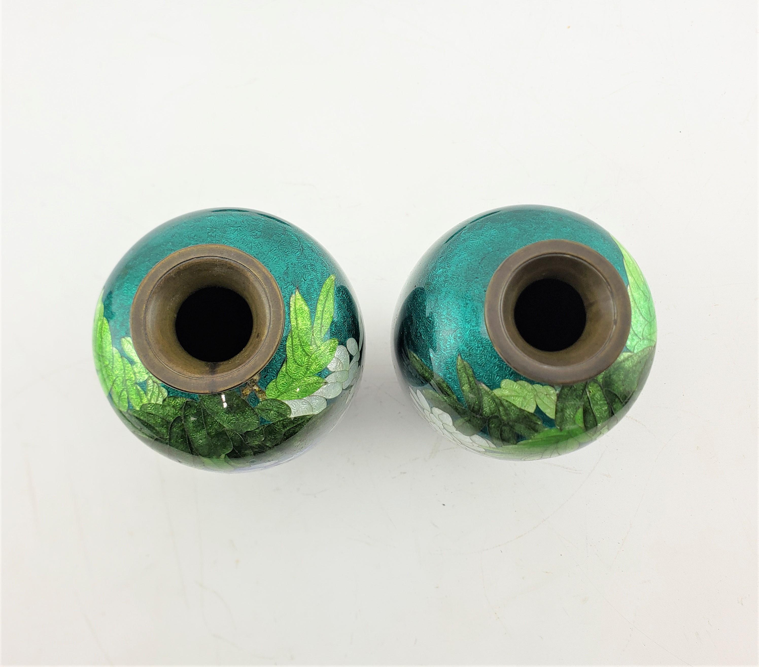 Brass Pair of Antique Japanese Cloisonne Vases with Floral Decoration & Wooden Stands For Sale