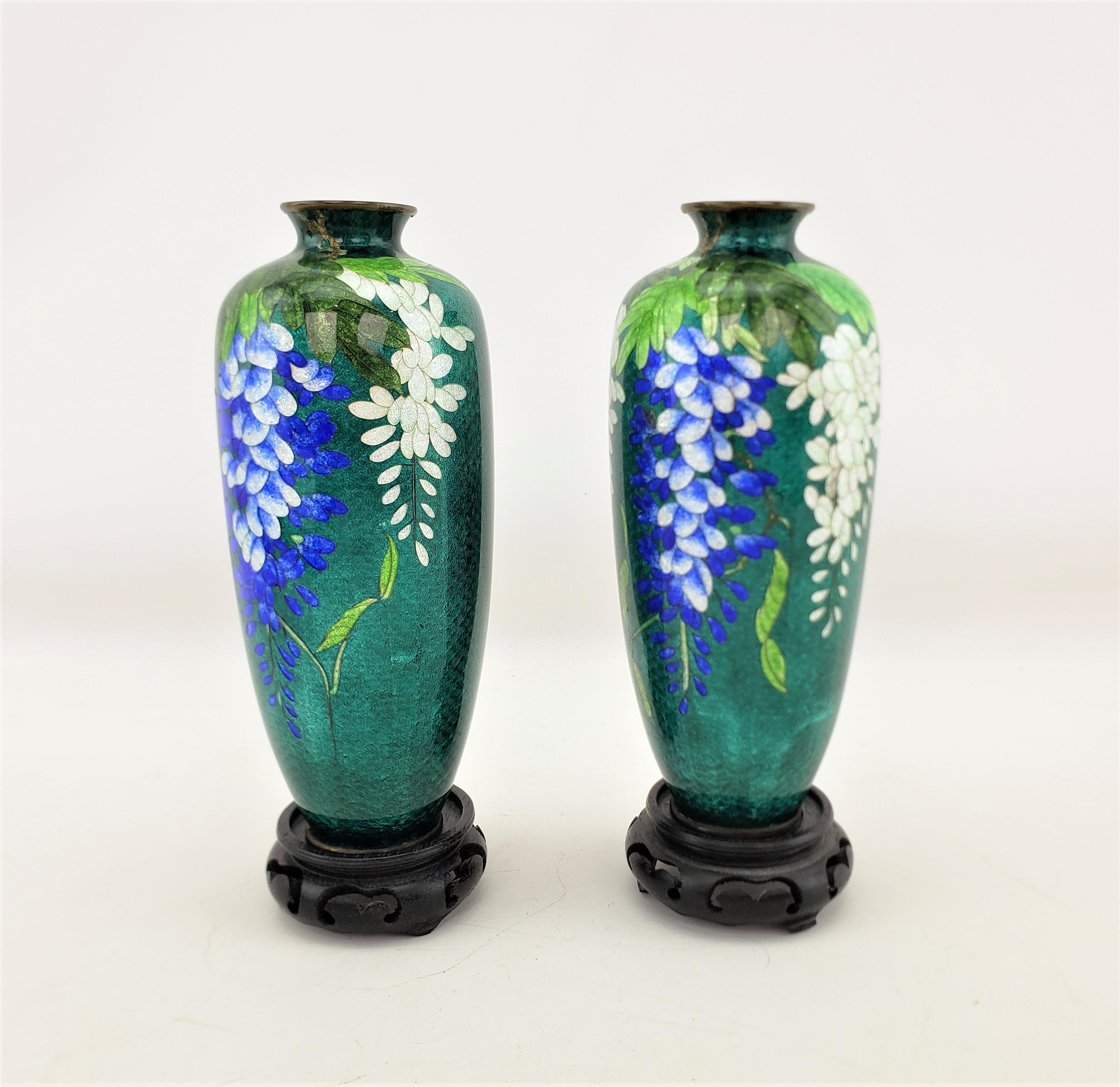 Anglo-Japanese Pair of Antique Japanese Cloisonne Vases with Floral Decoration & Wooden Stands For Sale