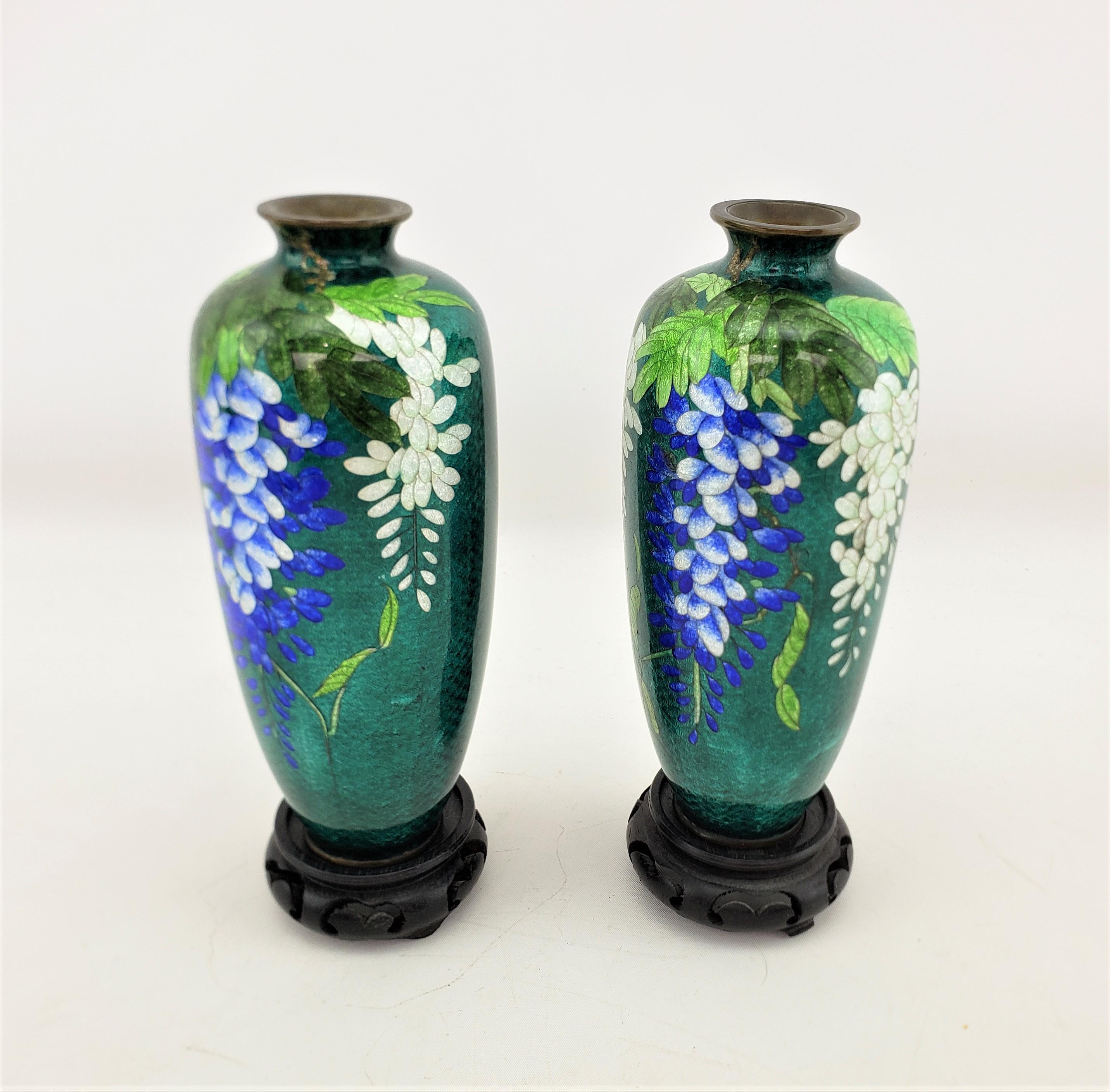 Anglo-Japanese Pair of Antique Japanese Cloisonne Vases with Floral Decoration & Wooden Stands For Sale