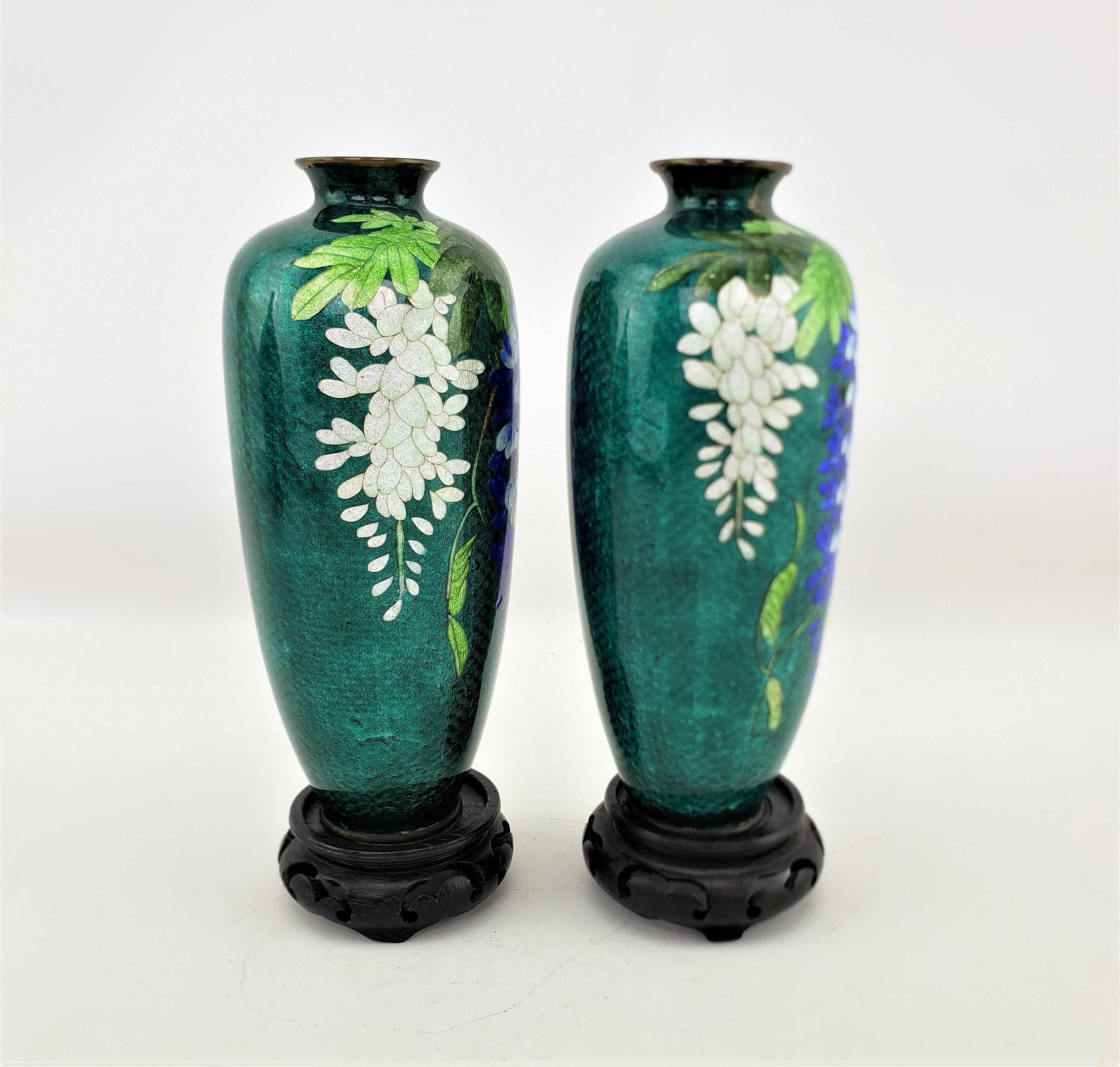 Brass Pair of Antique Japanese Cloisonne Vases with Floral Decoration & Wooden Stands For Sale