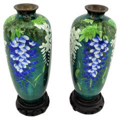 Pair of Antique Japanese Cloisonne Vases with Floral Decoration & Wooden Stands