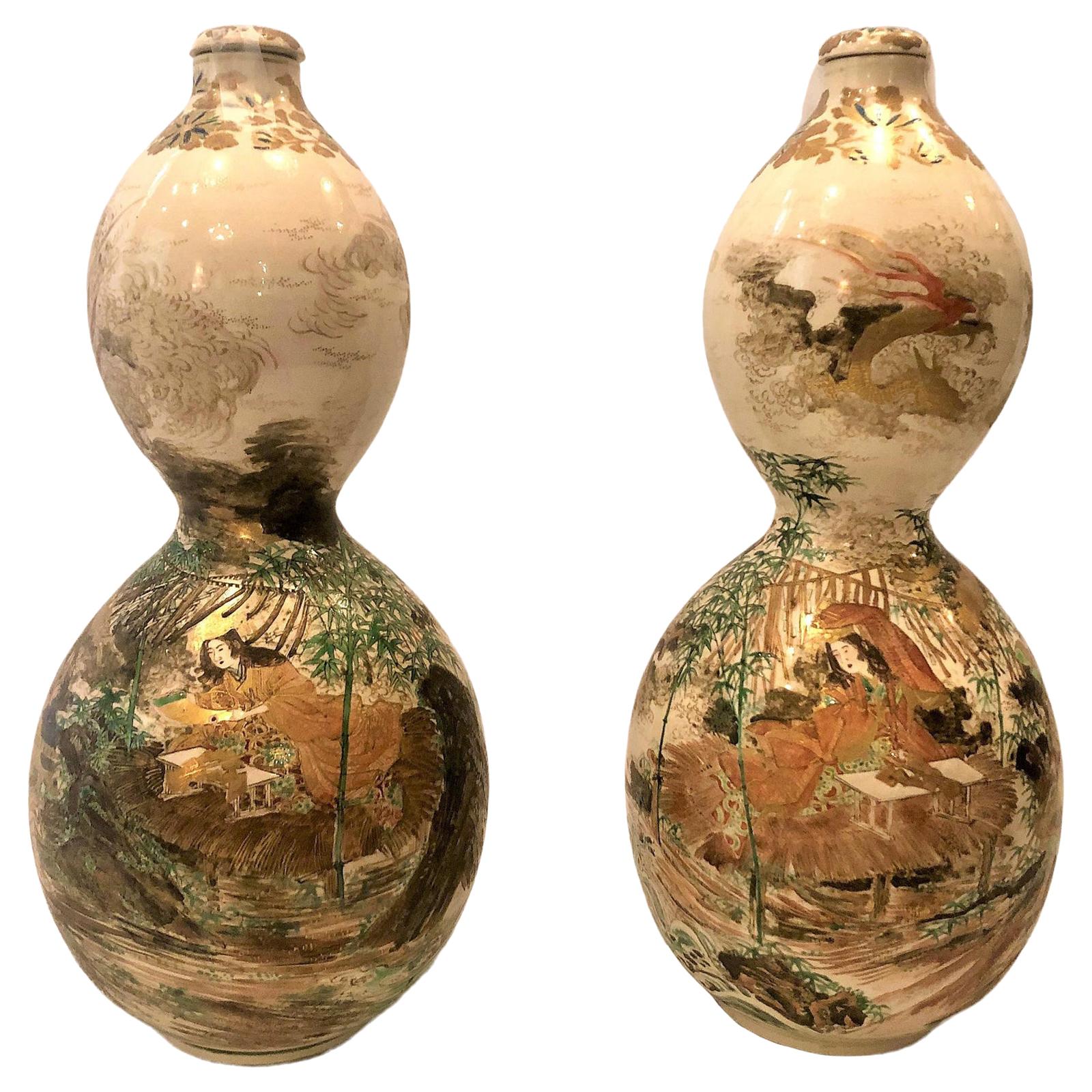 Pair of Antique Japanese Double Gourd-Shaped Satsuma Porcelain Bottle Urns