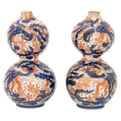 Pair of Antique Japanese Imari Porcelain Double Gourd Vases, 19th Century