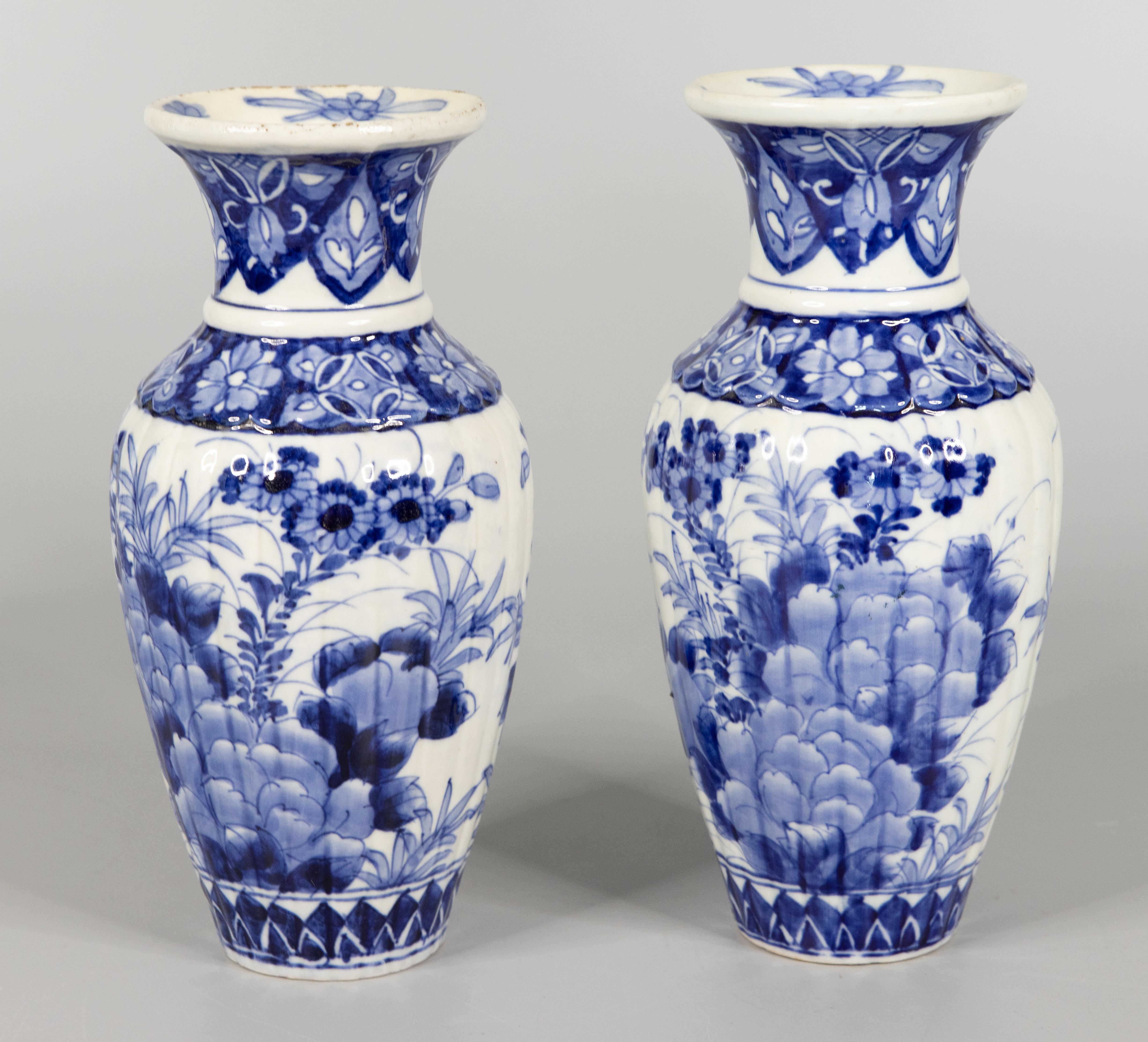 Meiji Pair of Antique Japanese Imari Ribbed Blue & White Vases