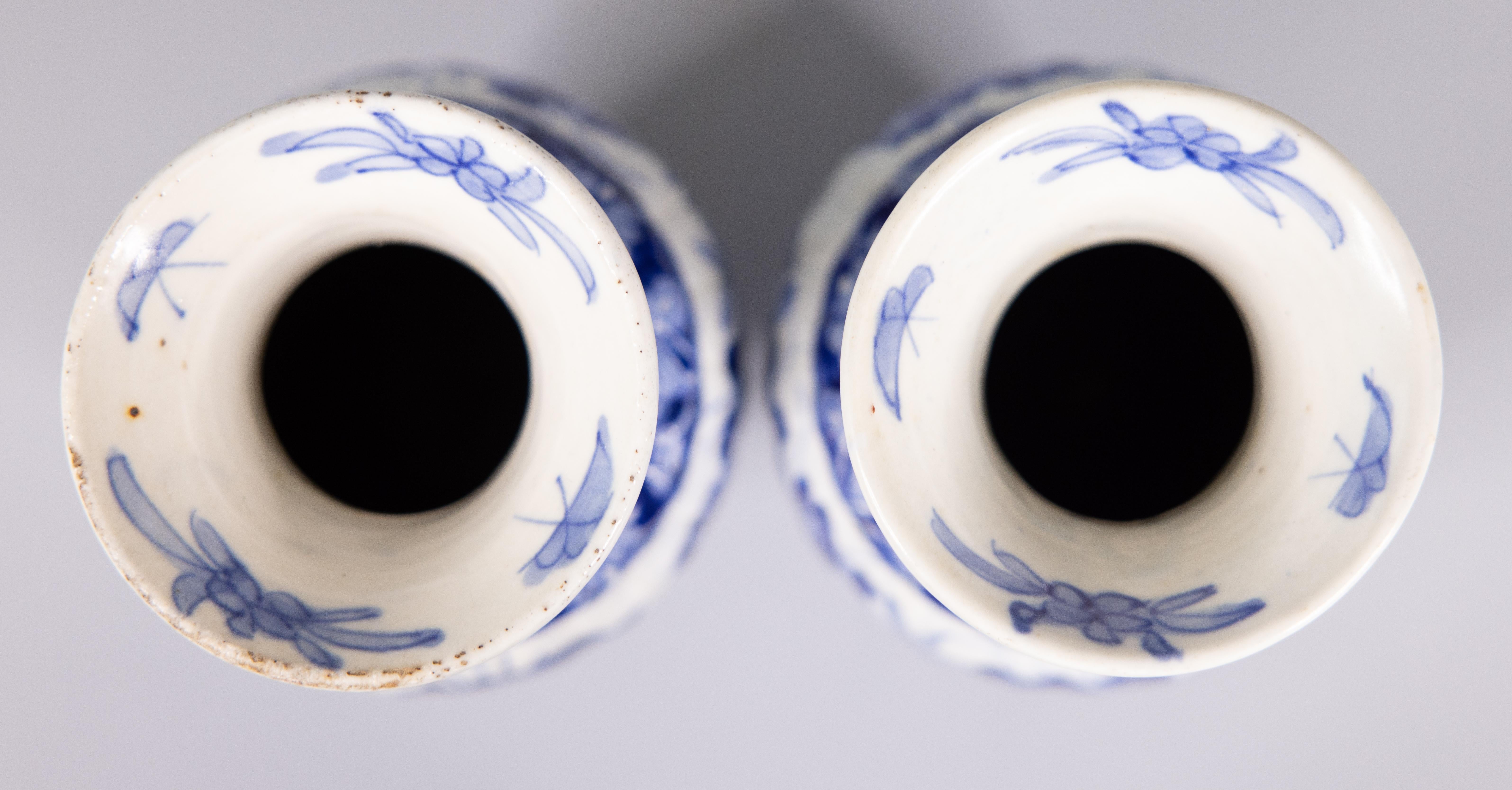 Early 20th Century Pair of Antique Japanese Imari Ribbed Blue & White Vases
