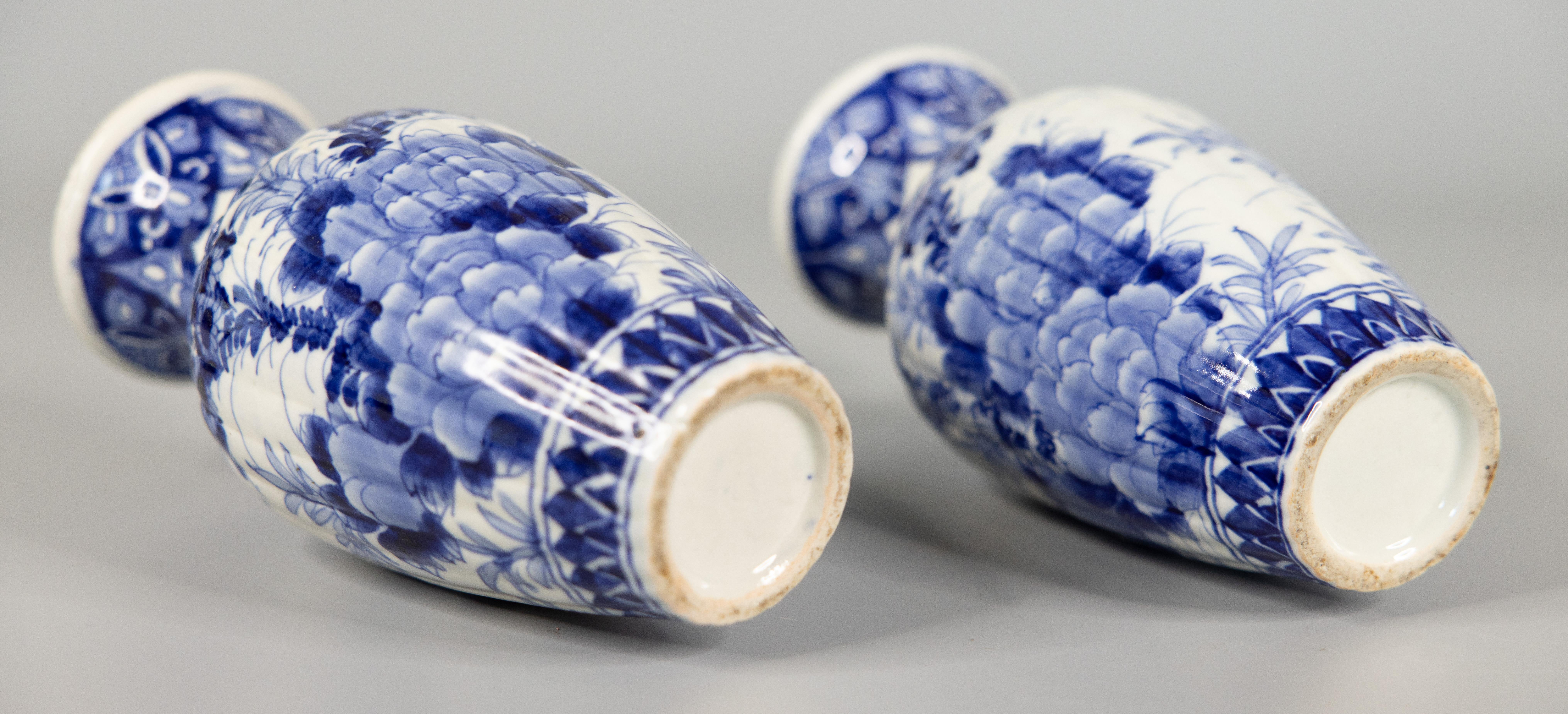 Ceramic Pair of Antique Japanese Imari Ribbed Blue & White Vases
