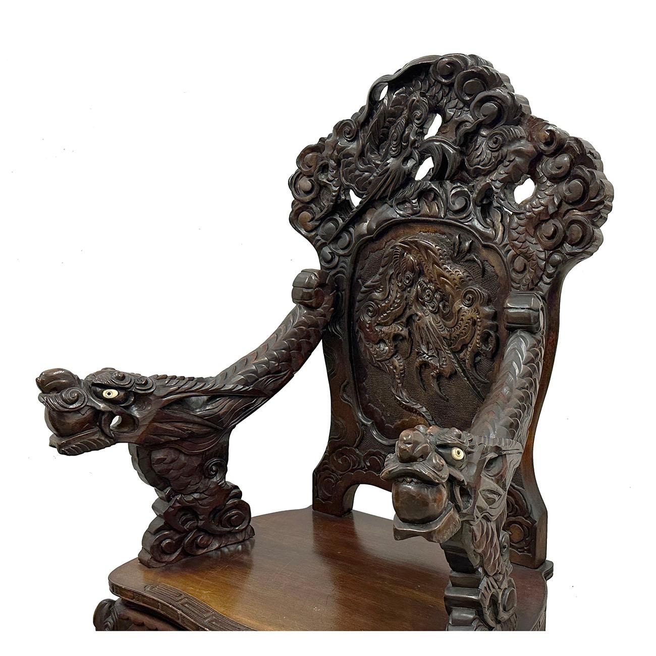 Pair of Antique Japanese Imperial Meiji High Relief Carved Dragon Throne Armchai For Sale 1