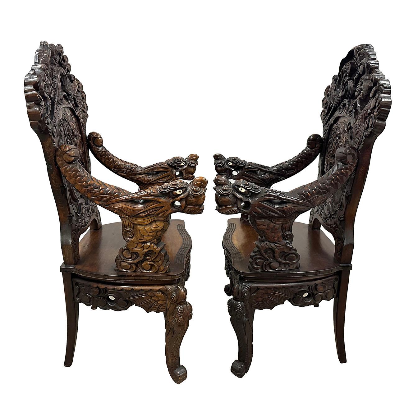Pair of Antique Japanese Imperial Meiji High Relief Carved Dragon Throne Armchai For Sale 3