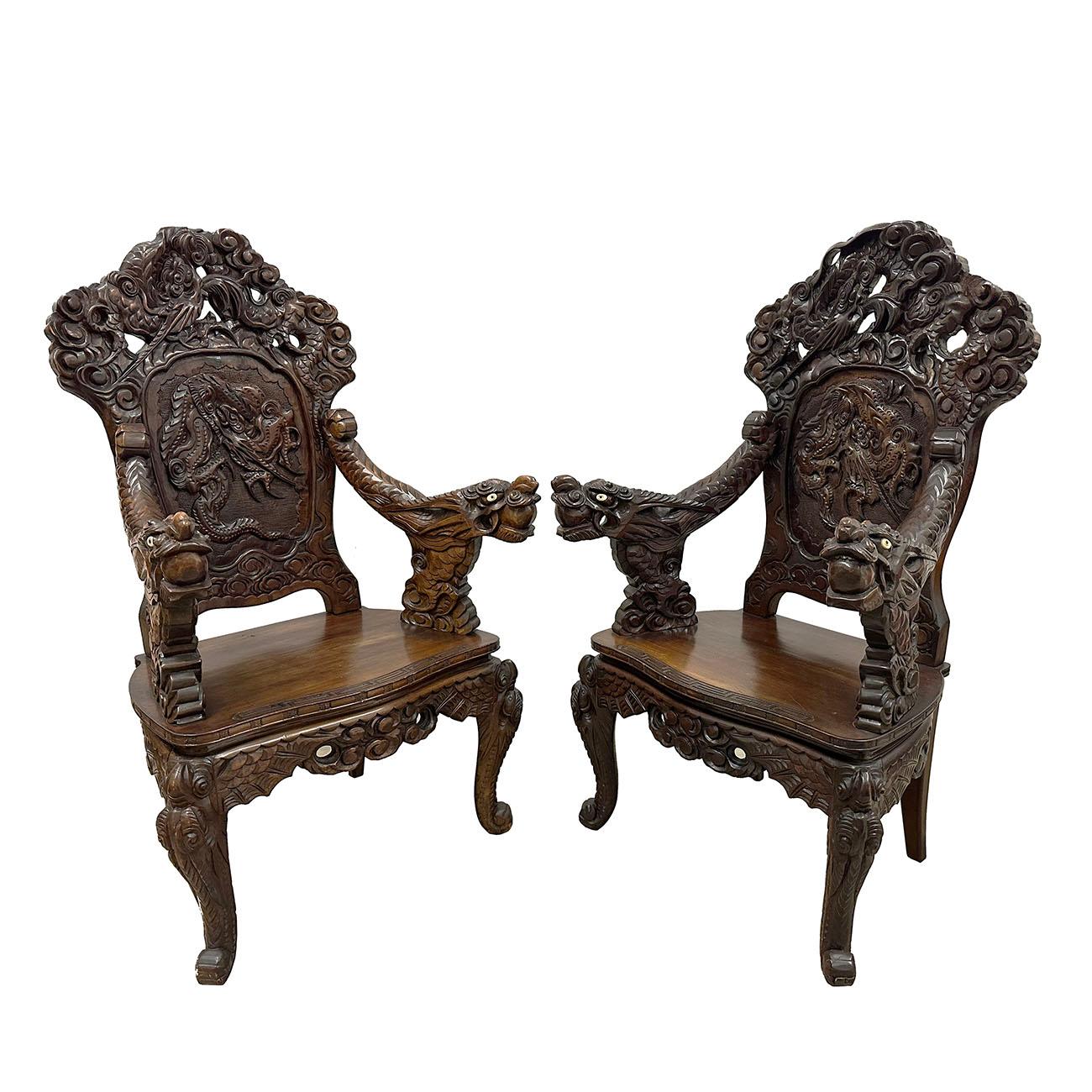 Chinese Pair of Antique Japanese Imperial Meiji High Relief Carved Dragon Throne Armchai For Sale