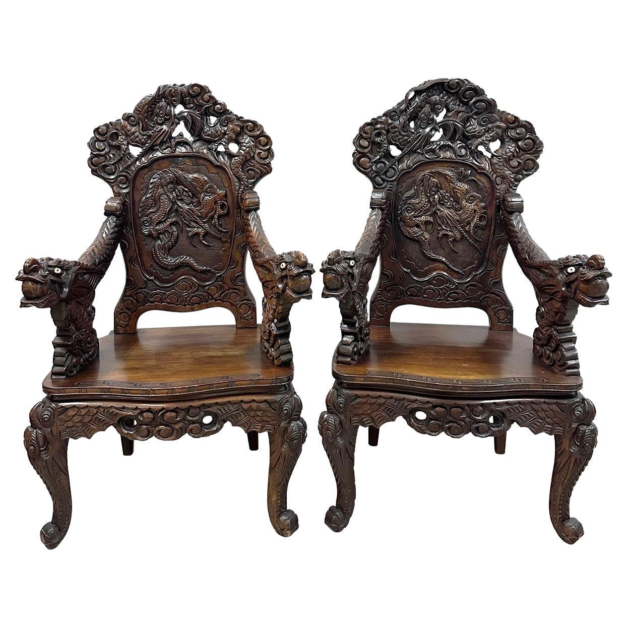Pair of Antique Japanese Imperial Meiji High Relief Carved Dragon Throne Armchai For Sale
