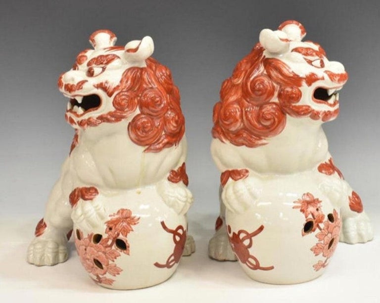Pair of Antique Japanese Kutani Porcelain Foo Dogs For Sale at 1stDibs
