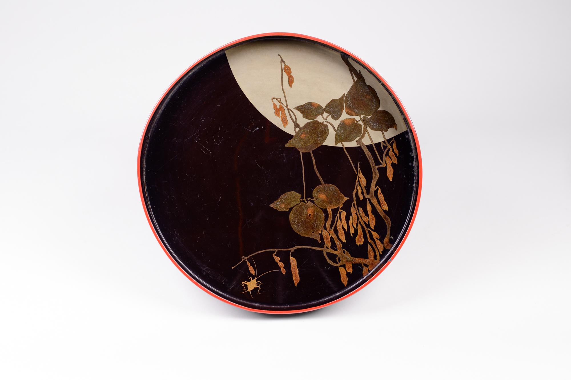 Pair of antique Japanese Lacquer Trays, Taisho period (1912-1926) beautifully decorated with a miniature landscape of pea pods on the vine and a gold cricket set against a large, full silver moon. Beautiful use of scale within the imagery.