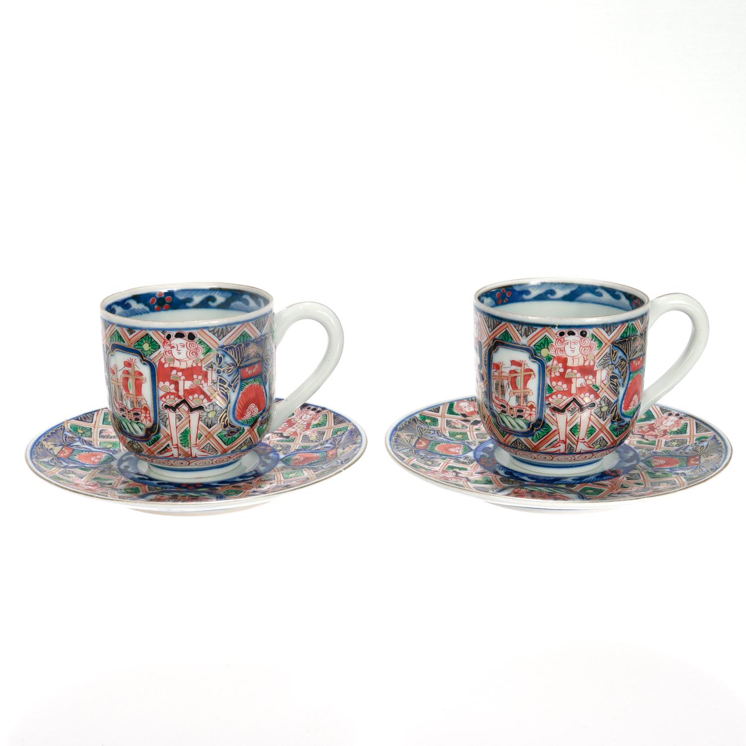 Pair of Antique Japanese Meiji 'Black Ship' Imari Porcelain Cups & Saucers For Sale 1