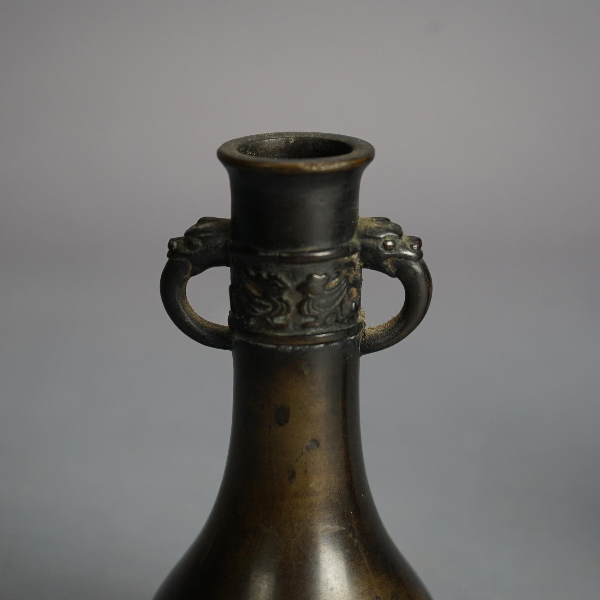 20th Century Pair of Antique Japanese Meiji Double Handled Cast Bronze Vases C1920 For Sale