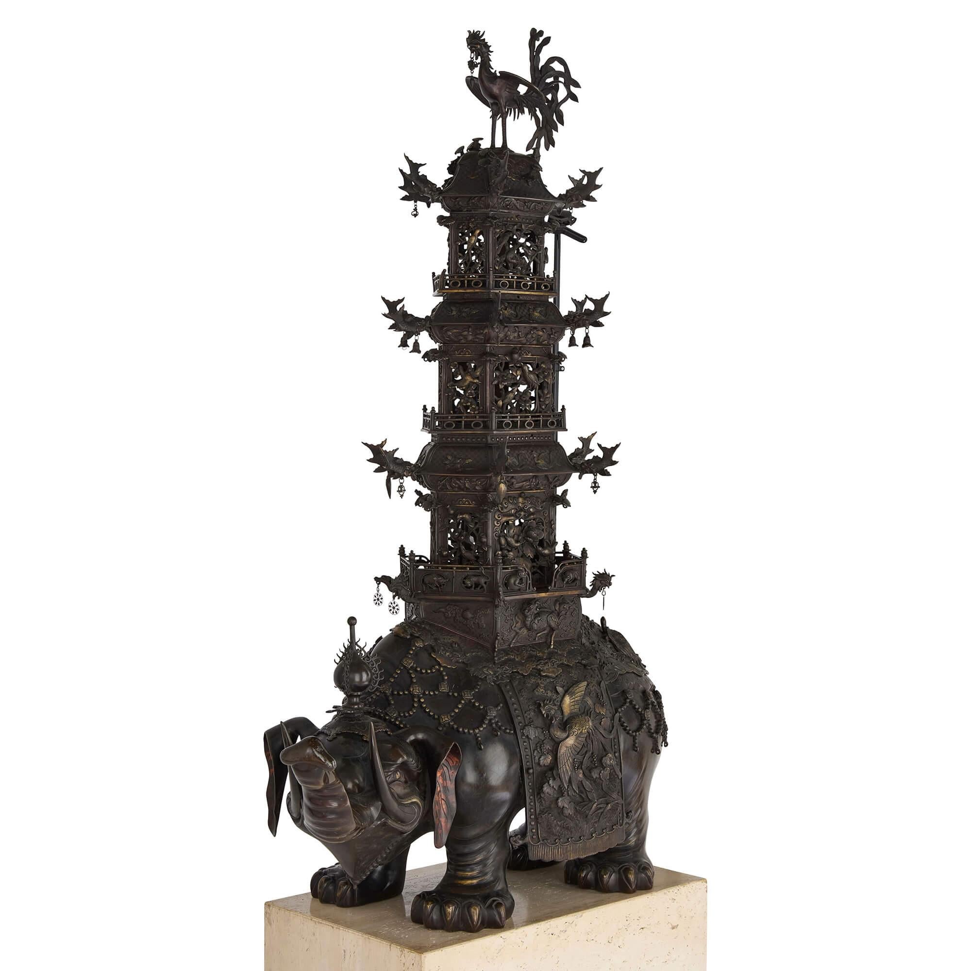 Pair of Antique Japanese Meiji Era Bronze Elephant and Pagoda Incense Burners For Sale 5