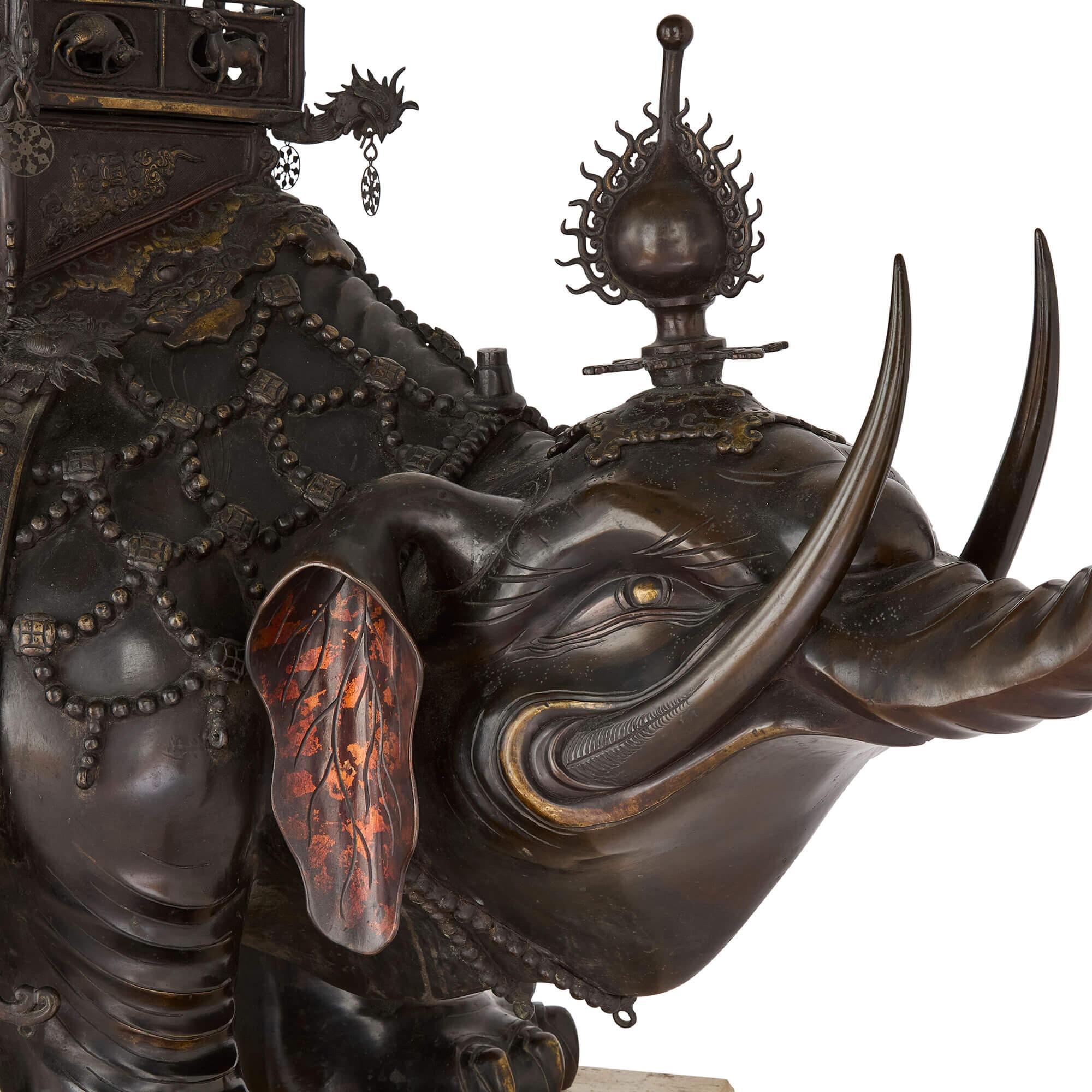 Pair of Antique Japanese Meiji Era Bronze Elephant and Pagoda Incense Burners For Sale 7