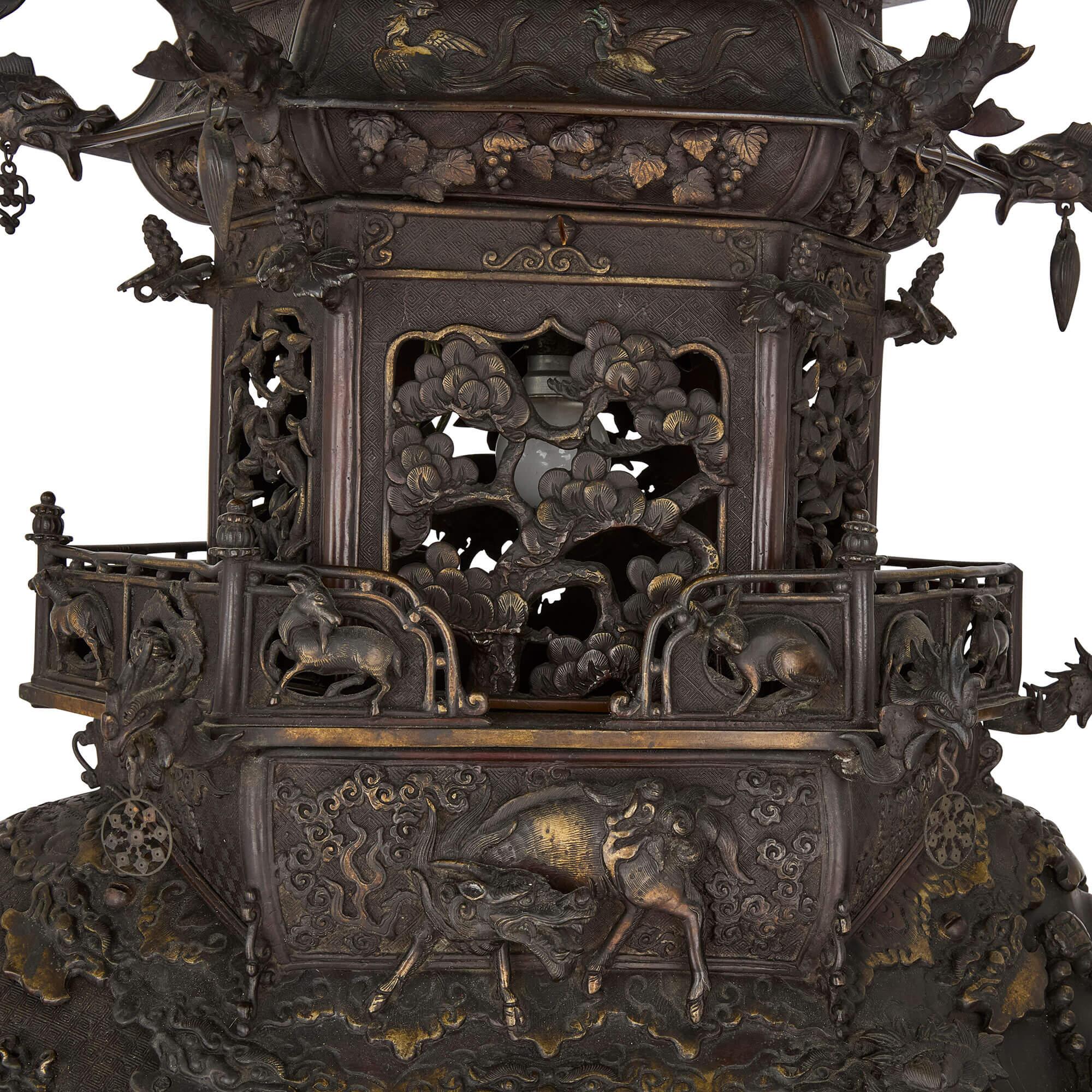 Pair of Antique Japanese Meiji Era Bronze Elephant and Pagoda Incense Burners For Sale 8