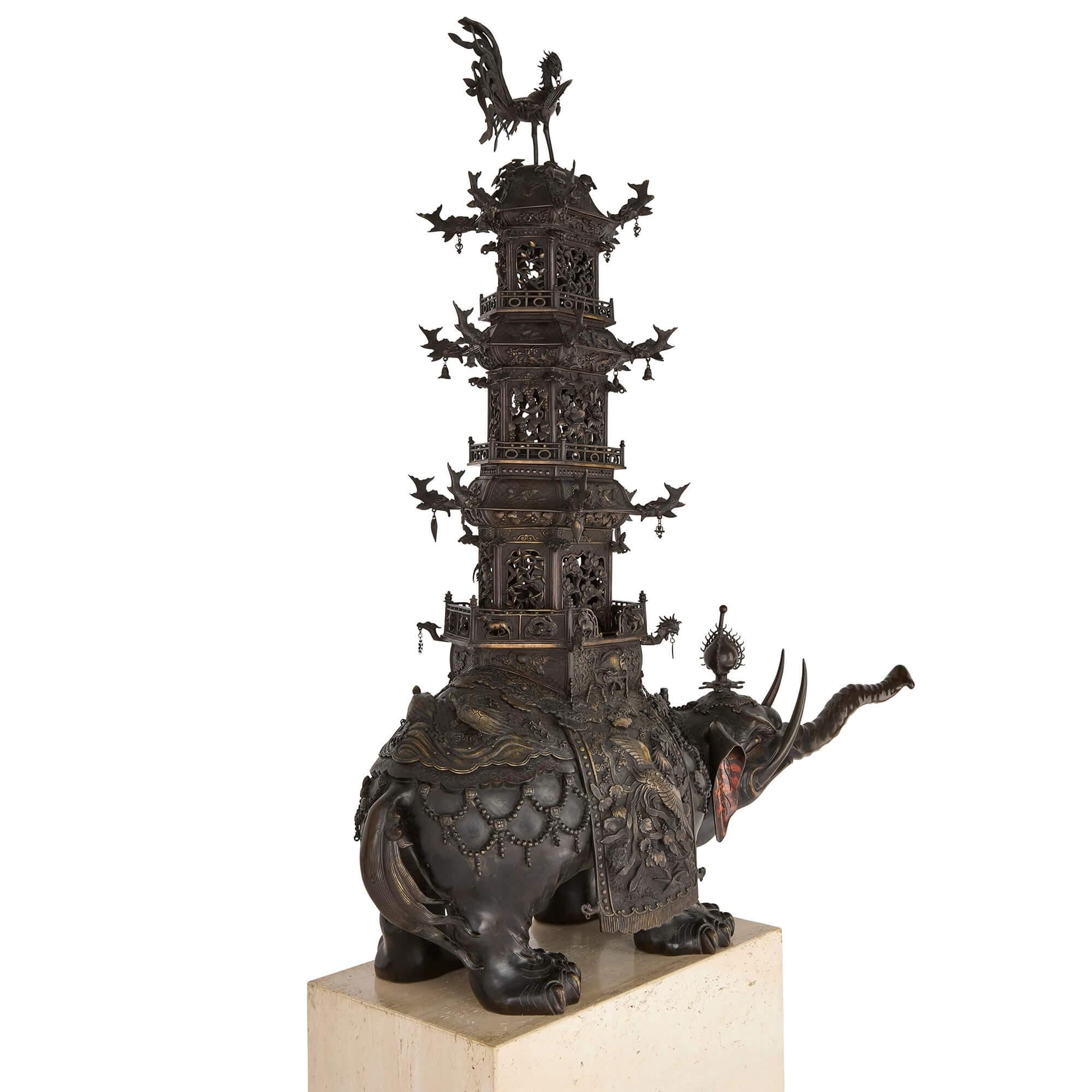 Pair of Antique Japanese Meiji Era Bronze Elephant and Pagoda Incense Burners For Sale 9