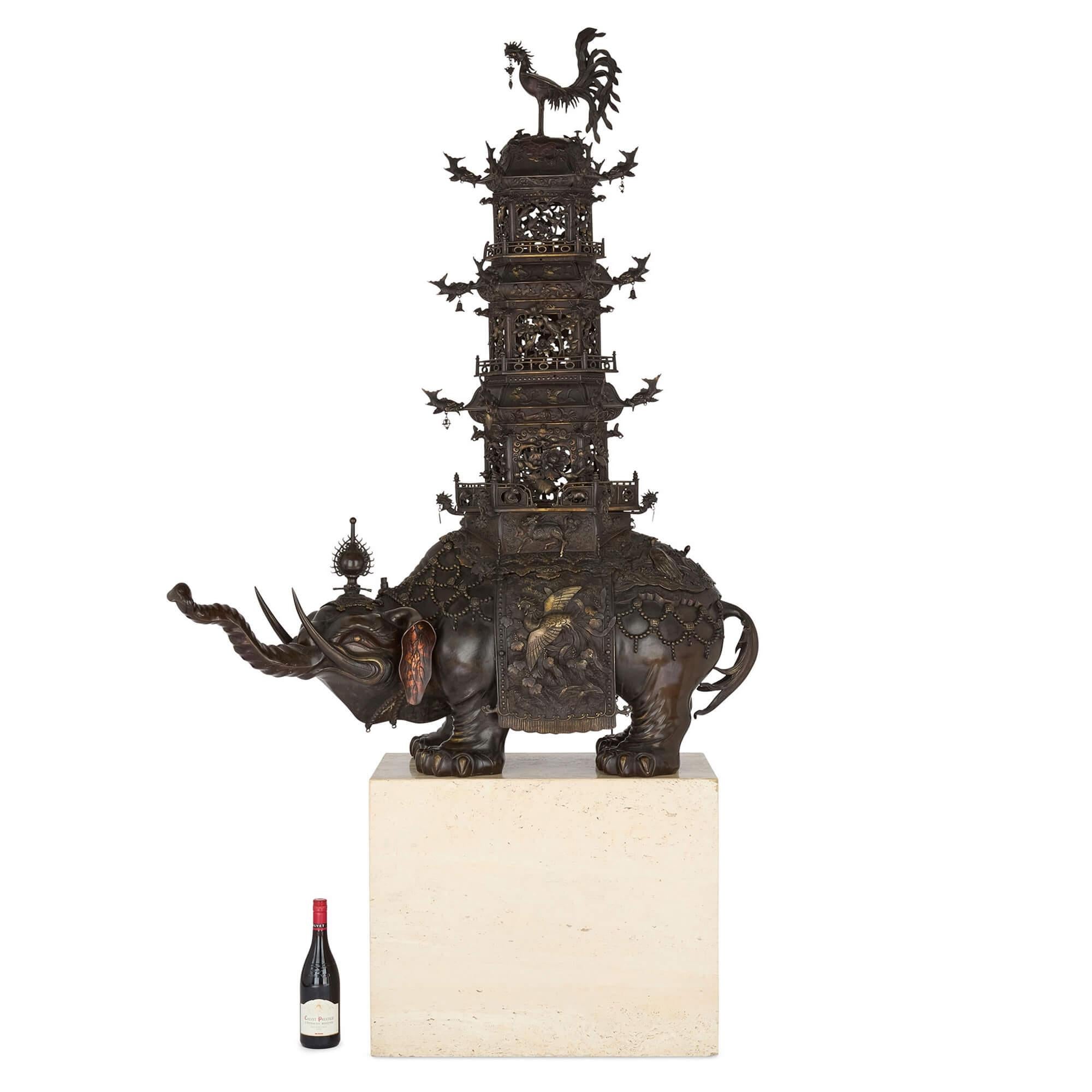 Pair of Antique Japanese Meiji Era Bronze Elephant and Pagoda Incense Burners For Sale 11