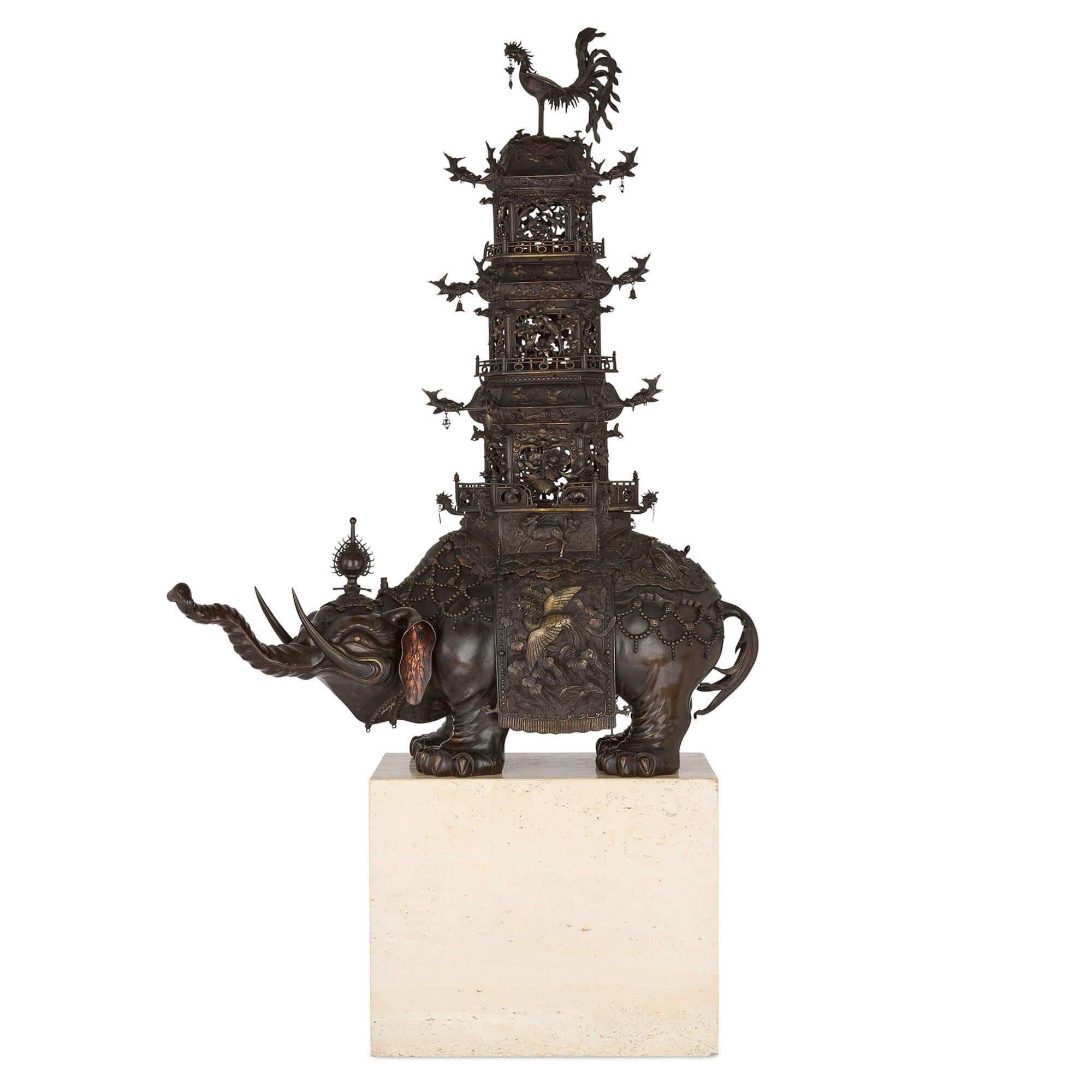 Cast Pair of Antique Japanese Meiji Era Bronze Elephant and Pagoda Incense Burners For Sale
