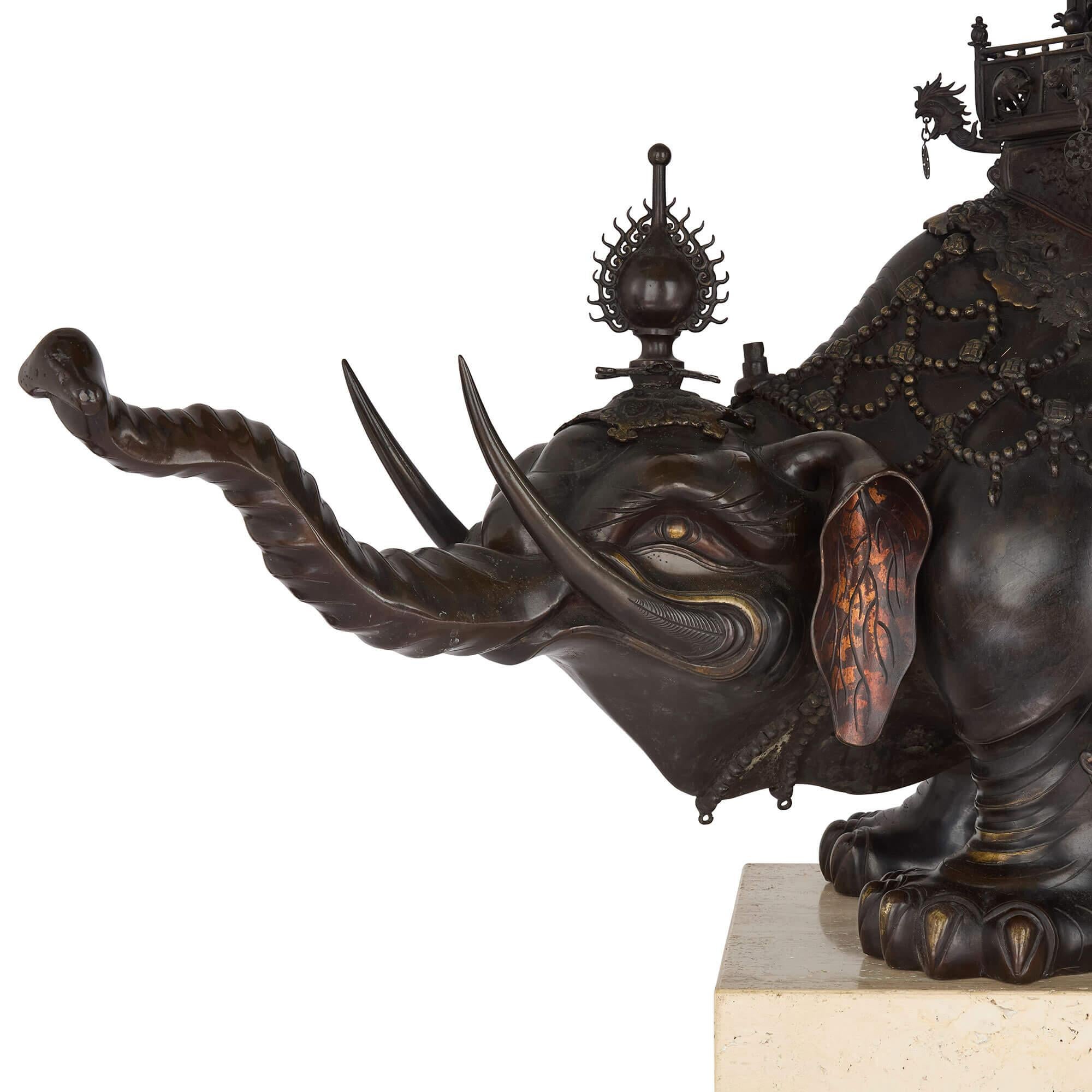 Pair of Antique Japanese Meiji Era Bronze Elephant and Pagoda Incense Burners In Good Condition For Sale In London, GB