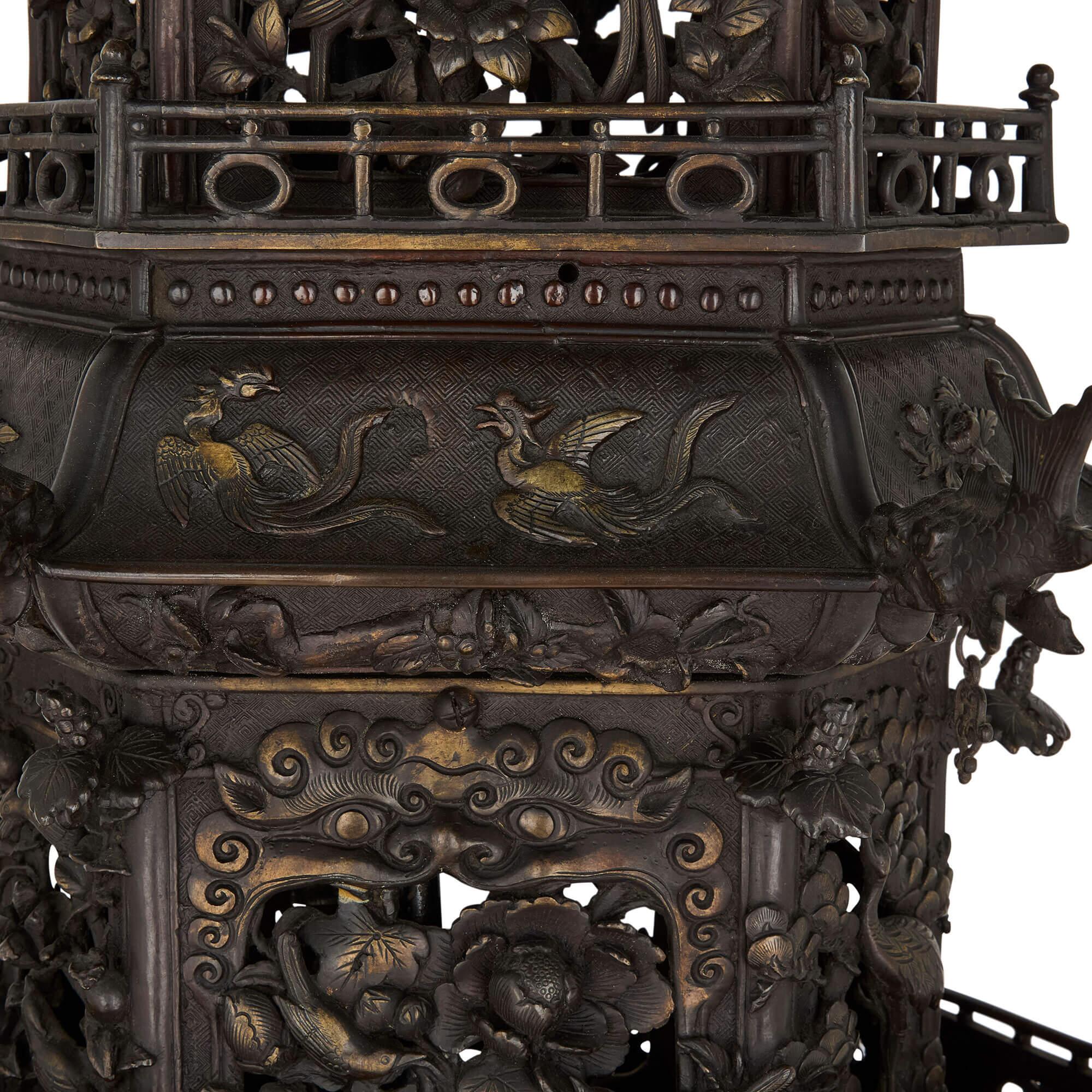Pair of Antique Japanese Meiji Era Bronze Elephant and Pagoda Incense Burners For Sale 1