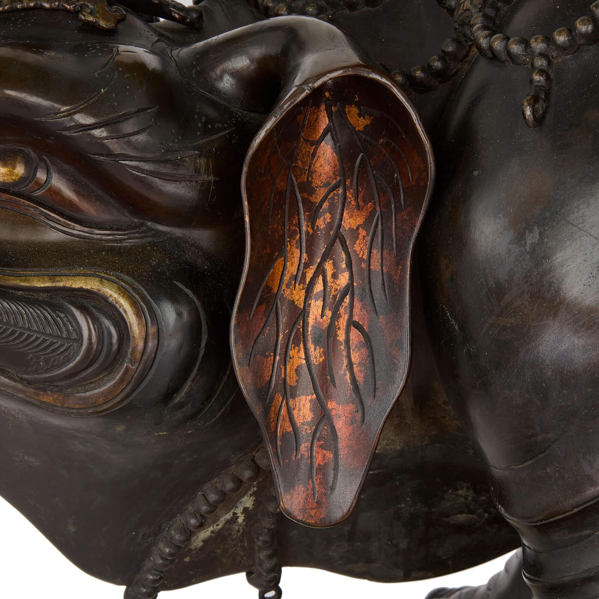 Pair of Antique Japanese Meiji Era Bronze Elephant and Pagoda Incense Burners For Sale 4