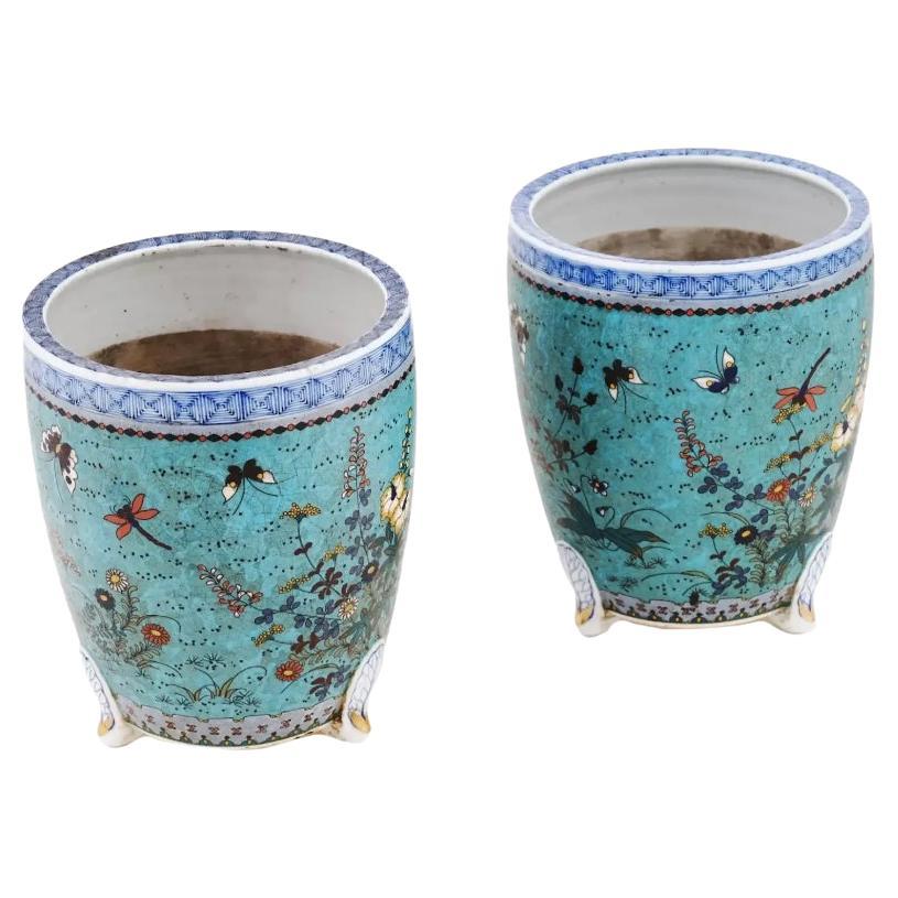 Pair of Antique Japanese Meiji Period Cloisonne Enamel Cache Pots For Sale