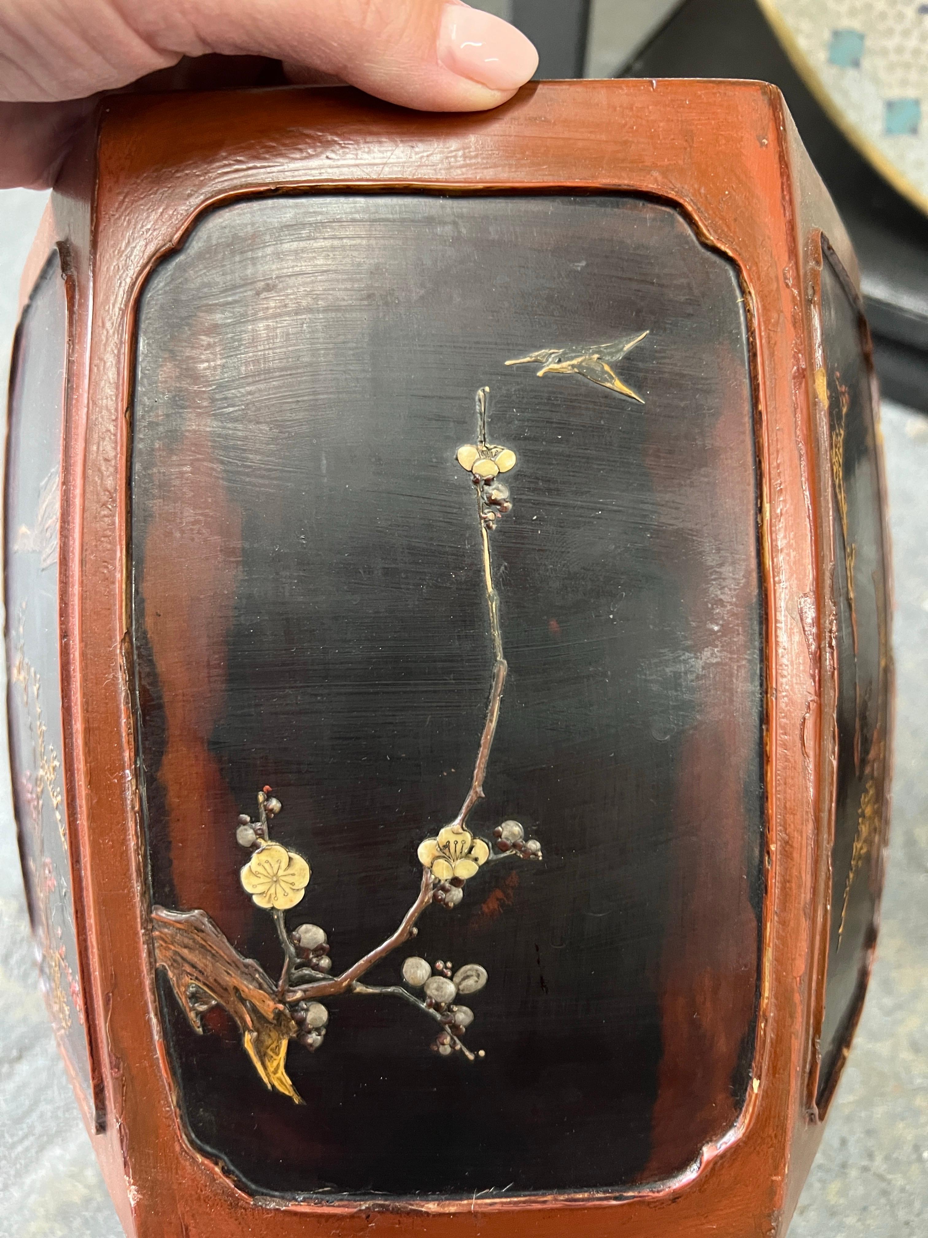 Pair of antique Japanese Meiji Period Lacquer Hibachi with Intricate Inlay For Sale 7