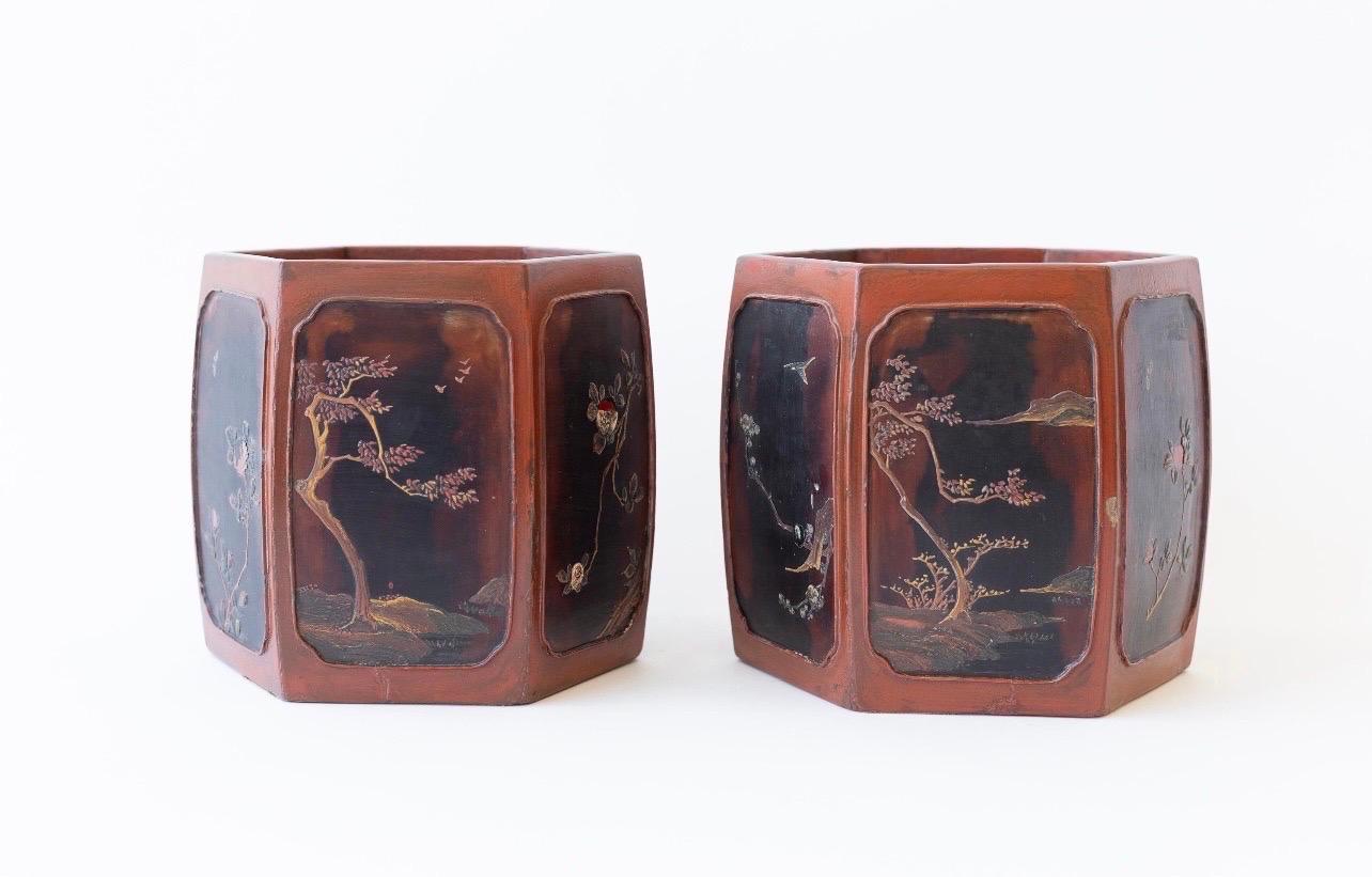 Wood Pair of antique Japanese Meiji Period Lacquer Hibachi with Intricate Inlay For Sale