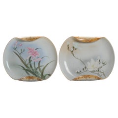 Pair of Antique Japanese Porcelain Dishes Unusual Shape Kutani Marked, 19th C.