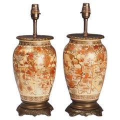 Pair of Antique Japanese Satsuma Porcelain Table Lamps – Meiji Period Hand-Paint