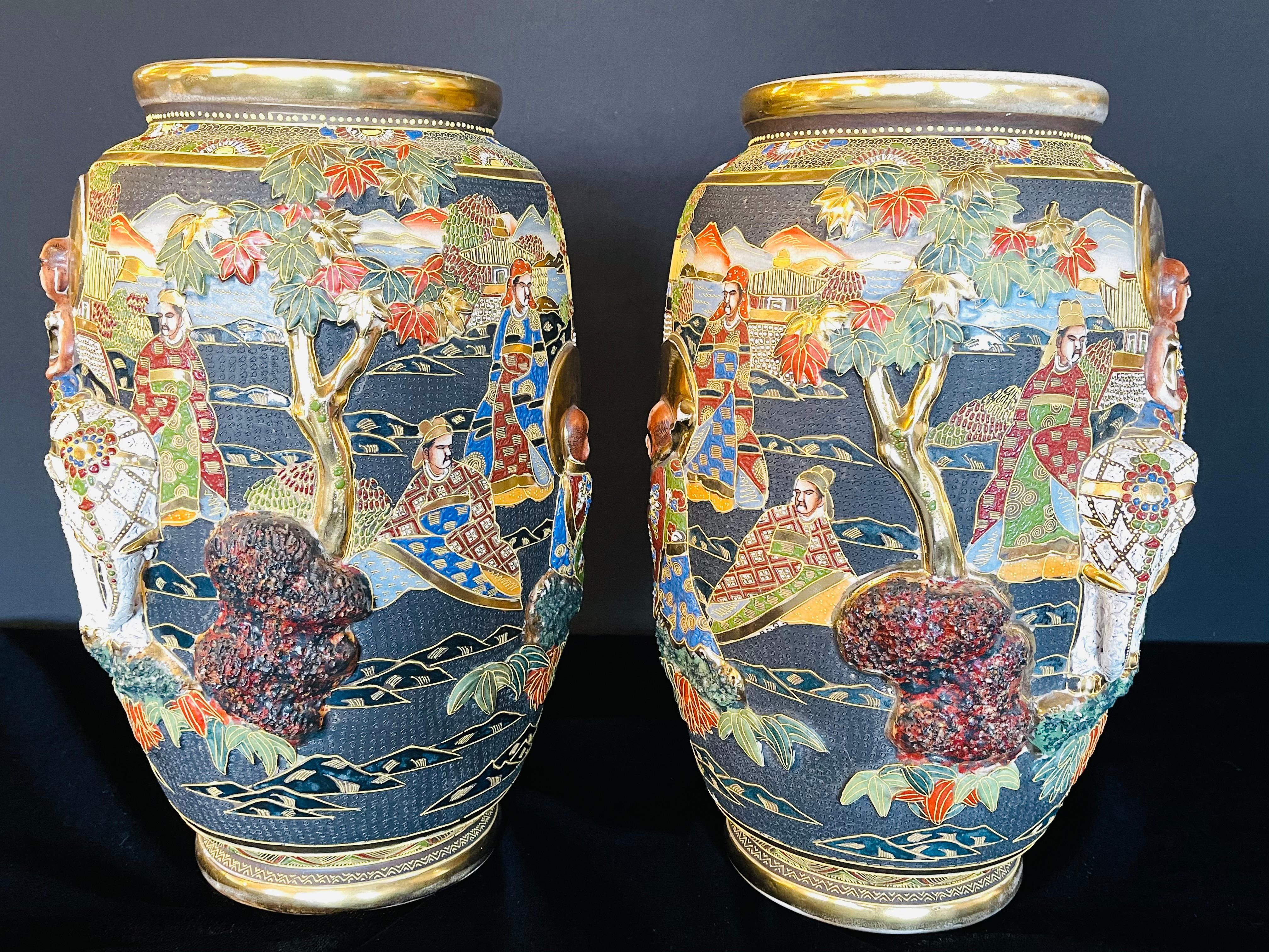 Pair of Antique Japanese Satsuma Vases Figural Scenes In Good Condition For Sale In Stamford, CT