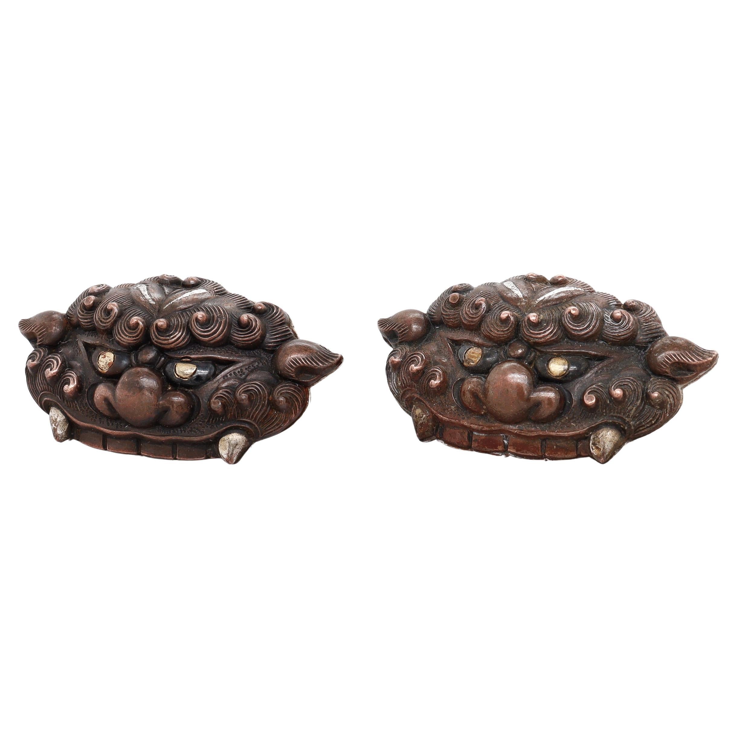Pair of Antique Japanese Shisa or Fu Dog Face Mixed Metals Cufflinks