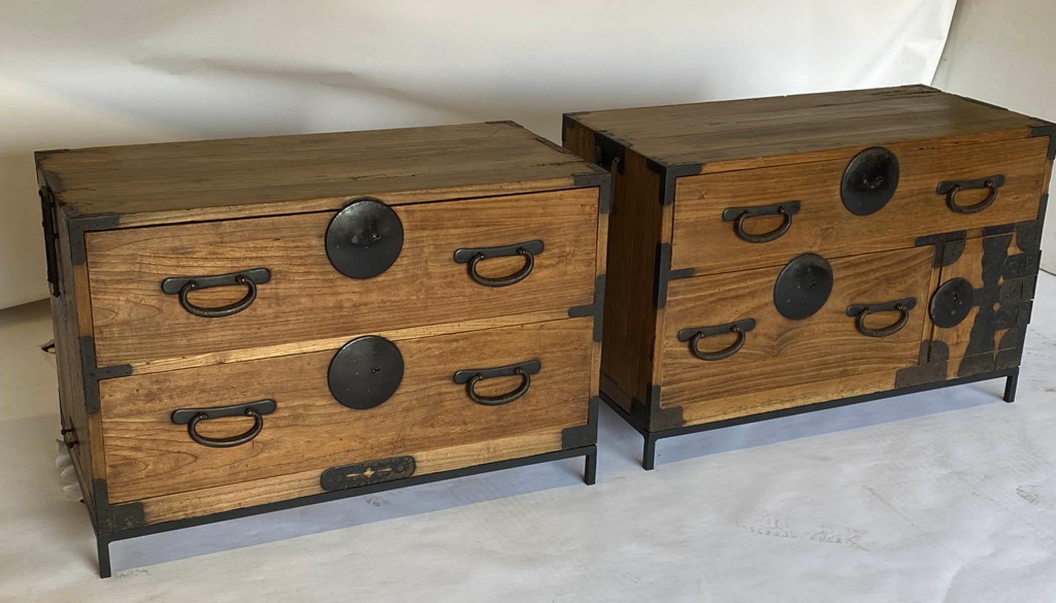 Pair of wood tansus that can be either stacked on top of each other as a chest of drawers or, separated on custom stands as nightstands or side tables. Old natural patina with some old worm wood damage that has been repaired, see photos. Does not