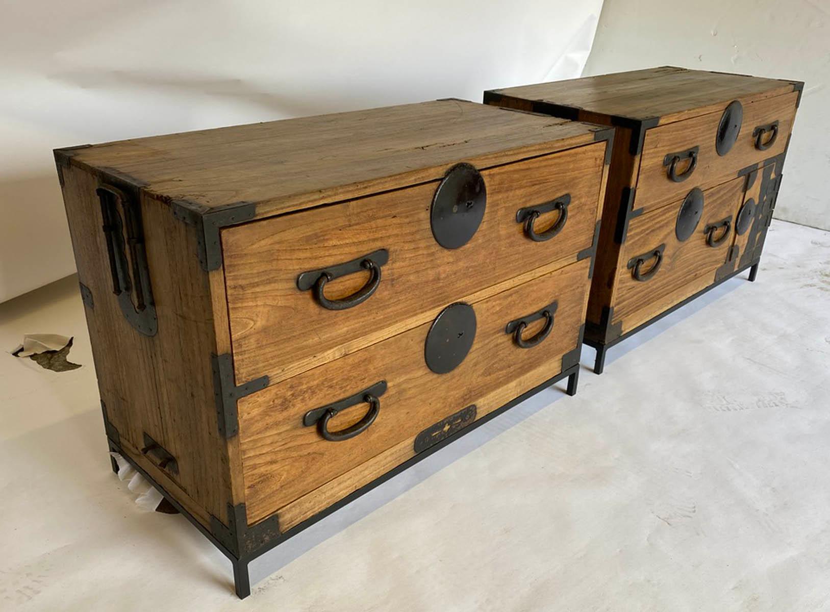 Edo Pair of Antique Japanese Tansus with Custom Bases